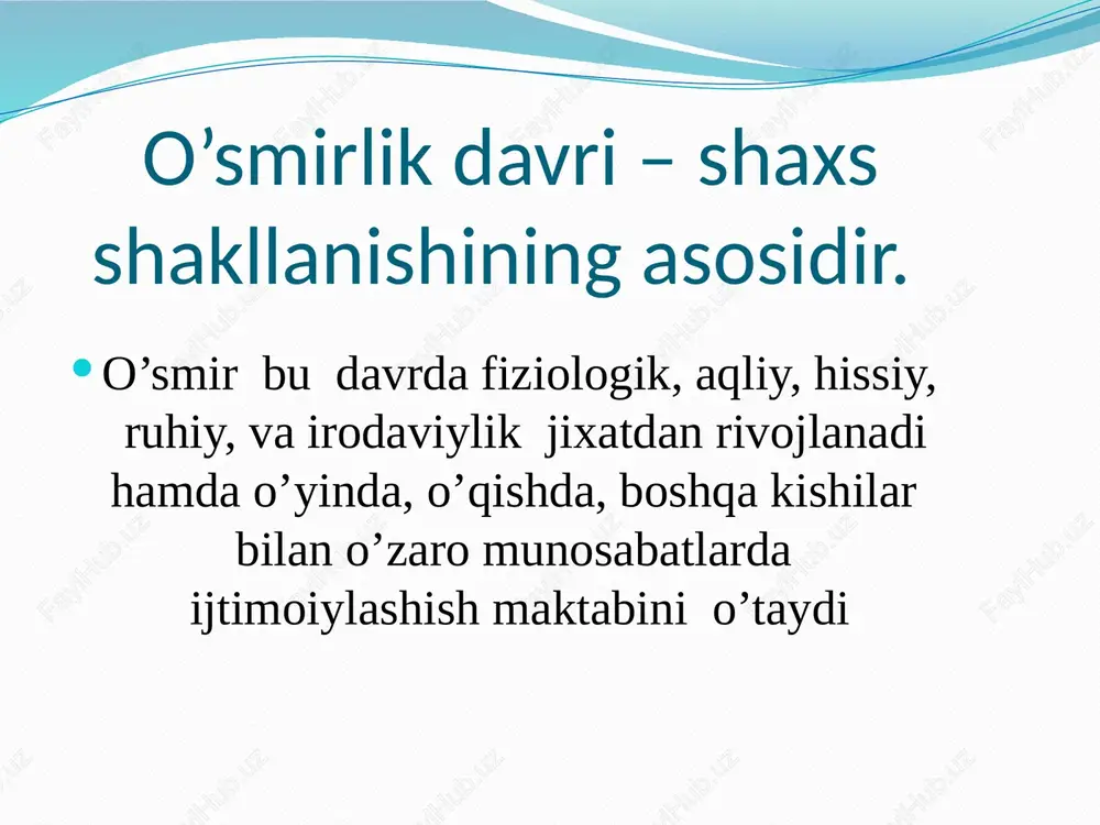 “biz – guruh” u.g.samner) o’smirlik davrida shaxs shaklanishiga ta’sir etuvchi asosiy omillar ikki guruxga bo’linadi. tashqi muxit ta’siri. ichki muxit ta’siri. tashqi muxit ta’siri. bunda o’smirga quydagilar ta’sir o’tkazadi. do’stlari; tengdoshlari; ustozlari; tanishlari; yaxshi va yomon shaxslar. o’smirda yomon ta’sir kuchi sezilsa bunday xollarda o’smir bilan kareksion ishlar olib borilishi zarur. ichki muxt ta’siri. bunda o’smirga quydagilar ta’sir o’tkazadi. ota; ona; aka – uka; opa – singil; yaqin qarindoshlari; ichki muhit ta’sirida eng katta rolni ota – ona o’ynaydi. buni ijobiy va salbiy tomonlari mavjud. o’smirlik davrida ota – ona ta’sir kuchining ijobiy va salbiy jihatlari. ijobiy jihatlar. o’smir nazoratda bo’ladi; tashqi kuchlar ta’sirida bo’lmaydi; ota – ona bilan do’stona munosabat vujudga keladi; salbiy jihatlari. erkin fikruni bildira olmaydi; ota – onadan qo’rqish hissi uyg’anadi; hissiy zo’riqish vujudga keladi’ e’tiboringiz uchun raxmat. image2.jpeg image3.jpeg image4.jpeg image5.emf image6.jpeg /docprops/thumbnail.jpeg
