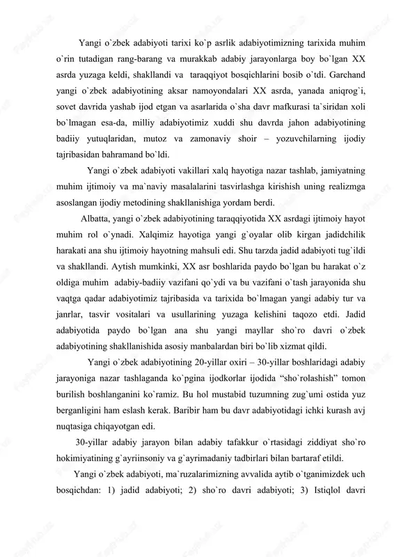 erganligini ham eslash kerak. baribir ham bu davr adabiyotidagi ichki kurash avj nuqtasiga chiqayotgan edi. 30-yillar adabiy jarayon bilan adabiy tafakkur o`rtasidagi ziddiyat sho`ro hokimiyatining g`ayriinsoniy va g`ayrimadaniy tadbirlari bilan bartaraf etildi. yangi o`zbek adabiyoti, ma`ruzalarimizning avvalida aytib o`tganimizdek uch bosqichdan: 1) jadid adabiyoti; 2) sho`ro davri adabiyoti; 3) istiqlol davri adabiyotidan iborat. bu uch bosqichning katta qismini sho`ro hokimiyati yillaridagi adabiyot tashkil etadi. shuni ham unutmaslik kerakki. sho`ro davri adabiyotining o`zi ham bir necha bosqichlardan tashkil topgan hodisa edi. mustaqillik yillaridan boshlab yangi o`zbek adabiyoti tarixi sahifalarida yangi davr boshlandi. negaki, badiiy adabiyot hayot voqeligini, o`z davri alomatlari va o`sha davr hayotining turmush tarzini so`z san`atida aks ettirishda davom etaveradi. mustaqillik davri adabiyotining o`ziga xos xususiyatlarini tafsiflaganda shuni alohida ta`kidlash lozimki, umumbashariy mavzularning ishlanayotgani, tasvirdagi yangicha ifoda usullari va janrdagi shakliy o`zgarishlar, davr qahramonini yaratishga, haqiqat va badiiylik mezonining etakchi xususiyatga aylanayotgani quvonarlidir. mamlakatimiz prezidenti islom karimov 2009 yil …