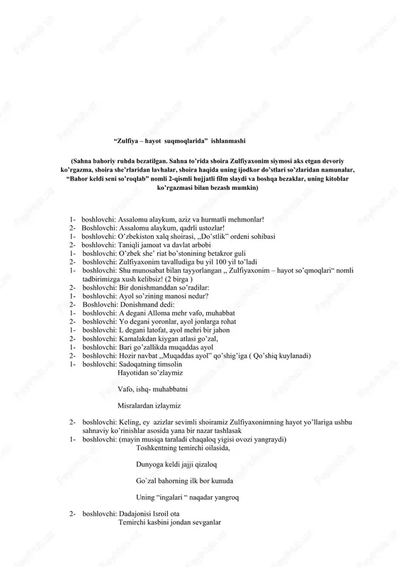 nuda uning “ingalari “ naqadar yangroq 2- boshlovchi: dadajonisi isroil ota temirchi kasbini jondan sevganlar mahalla bolalari bir-birini quvlab suyunchi, suyunchi deb xop yugurganlar (shu payt 2 ta 3 ta bolachalar yugurib isroil ota oldiga boradilar) -bolalar:- amaki, amakijon suyunchi, suyunchi bering isroil ota:- ha ha nima gap, nima uchun? -bolalar:- kennoyimiz qiz ko`rdilar, suyunchi bering suyunchi bering isroil ota:-voy rosdanmi, xozir xozir mana mana shu tangalarni olinglarda o`zlaringizga yoqqan biror narsa olinglar bolajonlarim(ularga tanga yoki pul berib yuboradi) -bolalar:-raxmat raxmat amaki (xursand bo`lib chiqib ketishadi) isroil ota:- (bolalar orqasidan qarab qolib) – e, xudo berganingga shukur, yaratganinga shukur ilohim, dunyoga kelgan qizalog`imning irodasi temirday mustahkam, temirlarimday zuvalasi pishiq, kuchli va nafosatli qiz bulsin (shunday deb duoga qul ochadi) tezroq uyga boray(deb chiqib ketadilar) 1- boshlovchi:- dunyoga jarangdor ovozi bilan tug`ulgan borligini butun olamga jar solgan bu jajjigina qizaloqqa “zulfiya” deb ism qo`ydilar 2- boshlovchi:- yaxshi odam ismi –ko`ngilning naqshi, …