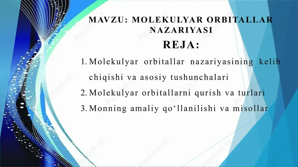 oliy joylashuvini belgilaydi. molekulyar orbitallar molekulani tashkil etuvchi atomlar birlashganda, ularning atom orbitallari bir-biri bilan chigallanadi va yangi molekulyar orbitallar hosil bo‘ladi. molekulyar orbital elektronlar molekula bo‘ylab tarqalishi mumkin bo‘lgan maydonni ifodalaydi. monning asosiy g‘oyasi shundaki, molekula elektronlarini atom orbitallaridan kelib chiqqan yangi orbitallarda joylashishini tavsiflashdir. bonding (bog‘lovchi) va antibonding (qarshi bog‘lovchi) orbitallar molekulyar orbitallar ikki turga bo‘linadi. bonding orbital elektronlarning atomlar orasida konsentratsiyasini oshiradi va molekulani barqaror qiladi. antibonding orbital esa atomlar orasida elektron zichligini kamaytiradi va molekulani barqarorlashtirishga qarshi ta’sir ko‘rsatadi. bonding va antibonding orbitallarni tushuntirish monning kimyoviy bog‘lanishlarni aniq tavsiflashdagi asosiy vositasidir. molekulyar orbitallar nazariyasi kimyoviy bog‘lanishlarni tushuntirishda katta ahamiyatga ega. mon yordamida molekuladagi elektronlarning taqsimlanishi, bog‘lanish tartibi, bog‘lanish energiyasi va molekulaning magnit xususiyatlari aniq hisoblanadi. masalan, mon yordamida vodorod molekulasi (h₂) bog‘lanishi, kislorod (o₂) molekulasining paramagnit xususiyati va azot (n₂) molekulasining yuqori barqarorligi kabi hodisalarni tushuntirish mumkin. molekulyar orbitallarni qurish va turlari molekulyar orbitallar nazariyasida molekuladagi …