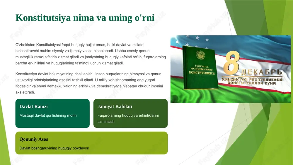 vsiga murojaat qilishi mumkin. xalq hokimiyati davlat hokimiyatining manbai xalq bo'lib, u vakillik organlari orqali amalga oshiriladi va jamiyat talablarini aks ettiradi. qonun oldida tenglik jamiyatning barcha a'zolari qonun oldida teng huquqlarga ega, irqi, dini, jinsiga qaramay ularning huquqlari va erkinliklari bir xil himoyalangan. sud nazorati mustaqil sud tizimi davlat va fuqarolar o'rtasidagi munozaralarni hal qiladi, qonuniy huquqlarning butun ekanligini ta'minlaydi. 3 konstitutsiyaning asosiy printsiplari o'zbekiston konstitutsiyasining asosiy printsiplari davlat hokimiyatining huquqiy tarazilanishi va fuqarolarning erkinliklari qanday ta'minlanishini belgilaydi. bu printsiplalar demokratik jamiyat qurilishining poydevori bo'lib, xalqning taraqqiyoti va xavfsizligi uchun zarur bo'lgan qoidalardir. 1 demokratik jamiyatda qonun oldida tenglik jamiyatning barcha a'zolari — vazifadorlari, fuqarolar, tadbirkorlar — qonun oldida bir xil xuquqlarga va mas'uliyatlarga ega. hech kim qonun chekkanidan ustun emas va qonun chekkanidan pastda ham tushunilmaydi. bu prinsip barqaror jamiyat asosining muvaffaqiyati uchun muhimdir. 2 fuqarolarning huquq va erkinliklarining himoyasi konstitutsiya har bir fuqaro uchun asosiy huquq va …