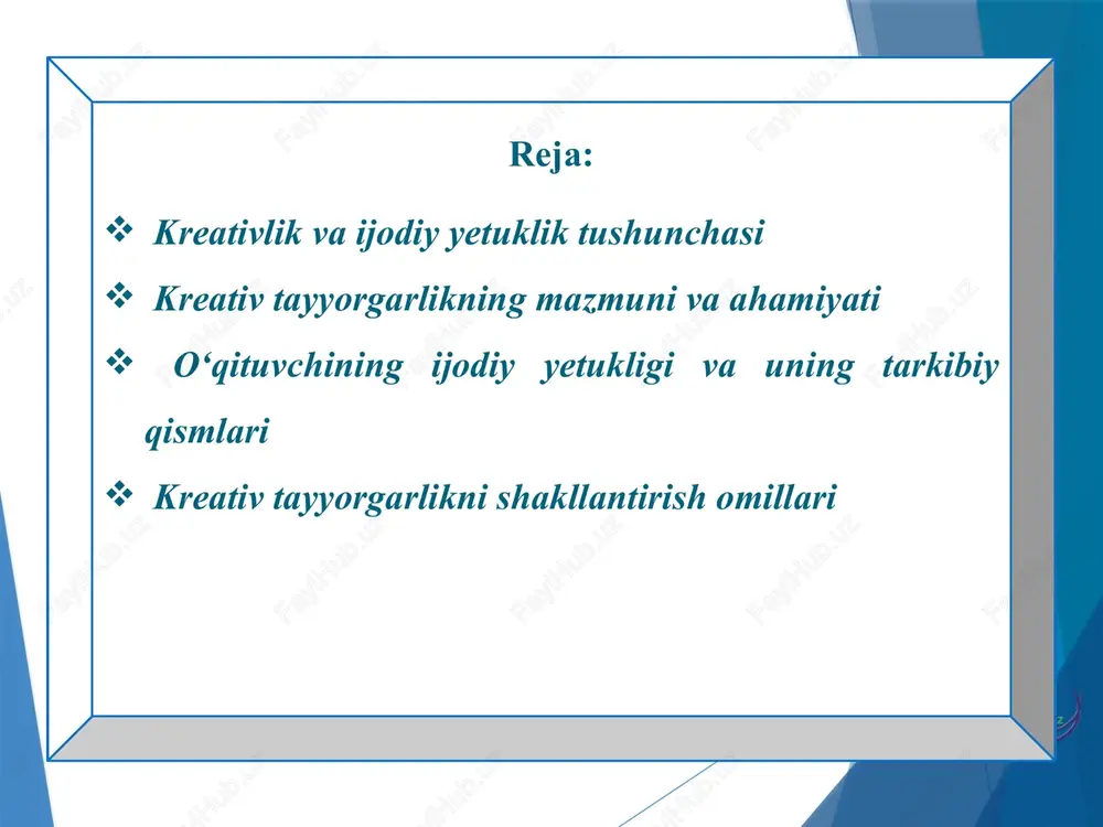 etuklikning asosi bo‘lib, insonning yangicha tafakkurini shakllantiradi. kreativlik bu xar kim xar xil tushinadi lekin to'g'ridan- to'g'ri tushinadigan bo'lsak kreativlik bu ijodkorlik, ya ni kreativ so'zi ijod degan ma noni anglatadi. uning tag zaminida esa orginallik, amaliylik, noodatirlik va erkinlik yotadi. misol uchun biror bir narsani ijod orqali chiroyli, boshqalardan chiroyli qilib chiqarib berish desak bo'ladi. kreativlik tushunchasi lotincha, inglizcha "create"- yaratish, "creative" yaratuvchi, ijodkor, ingliz tilidan tarjima qilinganda ijod degan manosini anglatadi. kreativlik insonda mavjud malumotlarni qayta ishlab chiqarish va ularni cheksiz yangi modelini yaratishga javob beradi. kreativlik- bu so'zni sodda tilda tushintiradigan bo'lsak, yaratuvchanlik, ijodkorlik degan manolarni anglatadi. yani bu bir xillikdan qochish, nimagadir yangicha yondashish ko'nikmasidir. kreativ insonlar har bir sohada, har bir bajaradigan ishida o'zgalardan ajralib turadi. chunki ular nafaqat o'z ishlarini katta ishtiyoq va qiziqish bilan, balki hech kimning xayoliga kelmaydigan g'oyalar orqali amalga oshirishadi. shunday ekan kraetivlik muvaffaqiyatimiz kaliti desak adashmaymiz. kreativlikni shakllantirishda tasavvur …