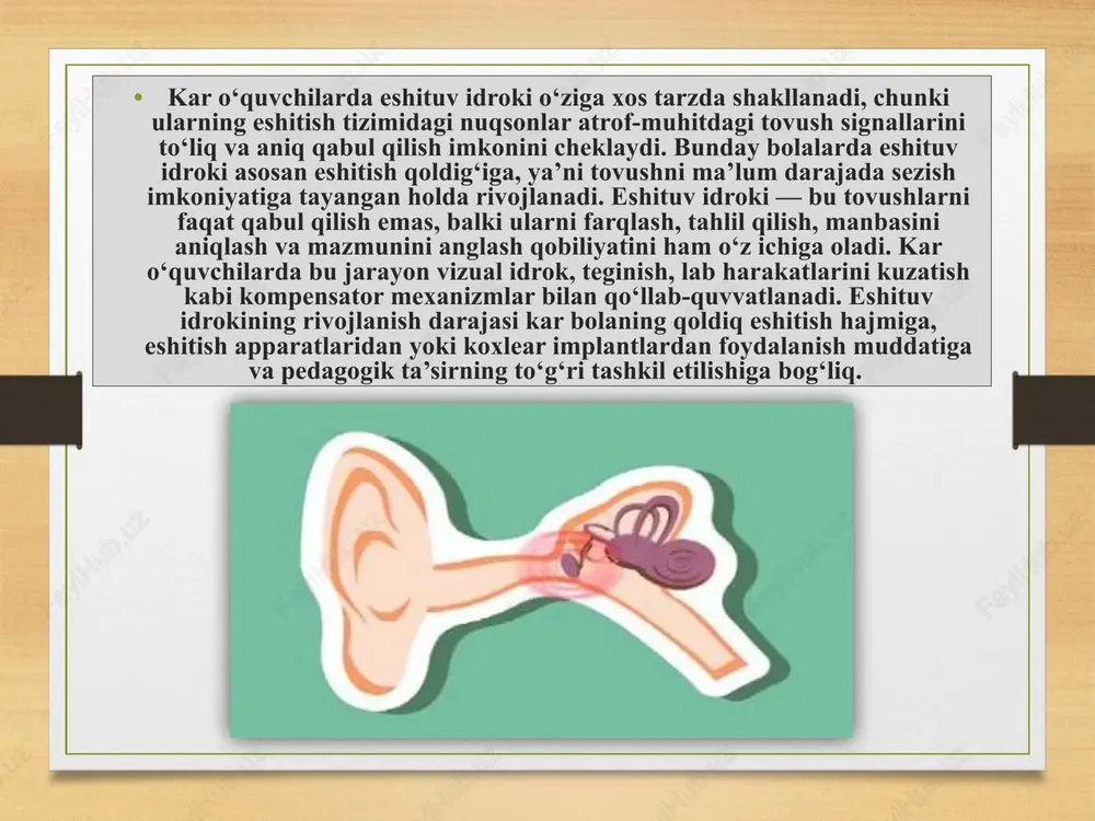 eshituv tajribasining boyishiga yordam beradi. kar o‘quvchilar tovushlarni qisman eshita olsalar-da, ular bu signalni ongli ravishda tahlil qilib, nutqni eshitish qobiliyatini asta-sekin rivojlantiradi. bu jarayonda eshitish apparatlari va koxlear implantlarning roli beqiyosdir, chunki ular orqali bola atrofdagi tovushlarni, nutq elementlarini va musiqani his eta boshlaydi. eshituv idrokining shakllanishi doimiy mashg‘ulot, pedagogik rahbarlik va psixologik qo‘llab-quvvatlashni talab qiladi. shu tariqa, kar o‘quvchilarning eshituv idroki ularning ijtimoiy moslashuvi, nutq rivoji va kommunikativ faoliyatining asosiy omillaridan biri sifatida namoyon bo‘ladi. eshituv idrokini rivojlantirishga doir psixologik-pedagogik asoslar shaxsning nutqiy, kognitiv va ijtimoiy rivojlanishida muhim o‘rin tutadi. ayniqsa, eshitishida nuqsoni bo‘lgan bolalarda bu jarayon yanada murakkab kechadi, chunki ularning eshituv tajribasi cheklangan va atrof-muhitdagi tovush signallarini to‘liq anglash imkoniyati pasaygan bo‘ladi. shu sababli, eshituv idrokini rivojlantirish ishlari maxsus pedagogik yondashuv, individual dasturlar va psixologik qo‘llab-quvvatlash asosida tashkil etilishi zarur. psixologik nuqtai nazardan, eshituv idroki inson idrok tizimining muhim tarkibiy qismi bo‘lib, u nafaqat tovushlarni qabul …