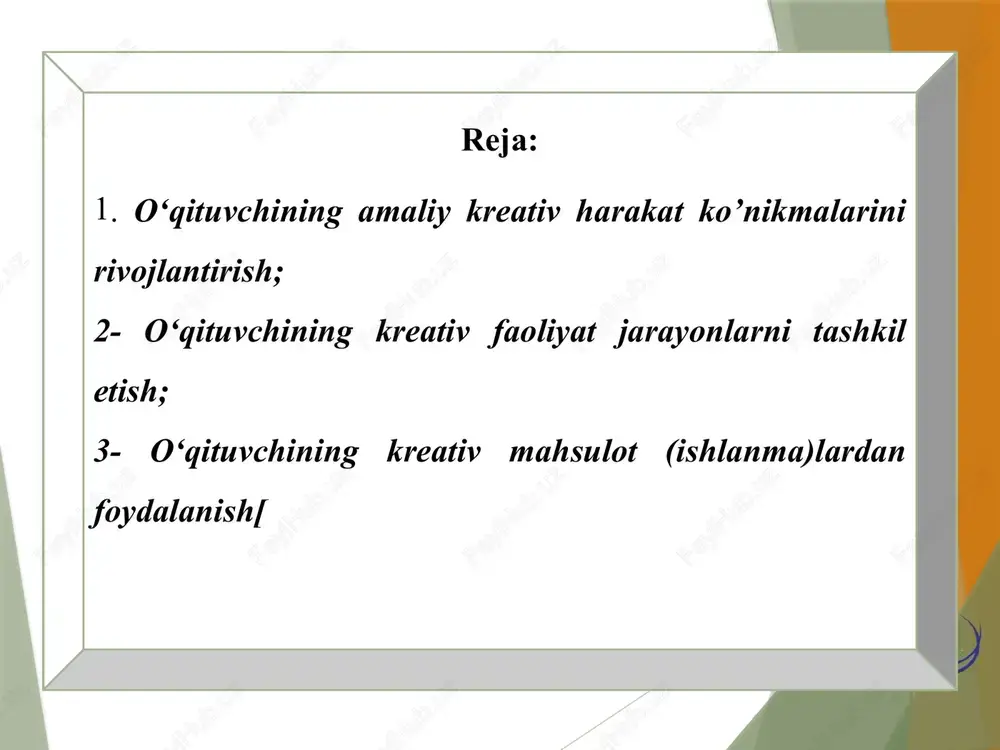 ituvchilar o’zini erkin seza oladigan va o’z fikrlari, g’oyalari bilan bo„lisha oladigan muhit yaratishi lozim. o’qituvchilar inson ongida yuz berayotgan jarayonlarni yanada faollashtirish uchun o’rnatilgan qonun qoidalar, standartlardan chetga chiqib, turli savollar berishda erkin harakat qilishlari kerak. pedagog bo’lajak o’qituvchilardagi kreativlikni noodatiy g’oyalarni o’rtaga tashlash va ularni verbal va noverbal tarzda rag’batlantirish orqali qo’llab-quvvatlaydi. pedagogning bo’lajak o’qituvchilar berayotgan kreativ g’oyalariga nisbatan to’g’ri munosabati ularning mumkin bo’lgan va mumkin bo’lmagan shartlarni anglashida muhim ahamiyatga ega. mazkur elementlarning barchasi pedagog-talaba munosabatining muhim qismi bo’lib, bo’lajak o’qituvchilar muvaffaqiyatini ta’minlaydi. kreativ muhitda ta’lim olayotgan bo’lajak o’qituvchilarda asta-sekin kreativ vazifalarni bajarishga nisbatan qiziqish ortadi, shuningdek, kreativ tafakkurga ega pedagogni kuzatish natijasida kreativ fikrlashga moyil bo’ladi. kreativlik xarakteridagi o’quv-bilish muhiti bo’lajak o’qituvchilarda ta‟lim jarayonida katta ahamiyatga ega bo’lgan tanqidiy va kreativ fikrlash ko’nikmasining rivojlanishiga olib keladi. o’qituvchilarning kreativ tafakkurga ega bo’lishlari ularda ijodiy muhitning qanchalik tarkib toptirilganligiga bog’liq. to’laqonli kreativlik xarakteriga ega ta’lim muhitini yaratish puxta …