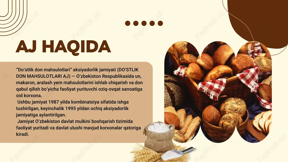 unosabatlar jamiyat nizomi korporativ boshqaruv organlari: aksiyadorlar yig‘ilishi, kuzatuv kengashi, taftish (audit) komissiyasi, boshqaruv organi (direktorlik) va ichki nazorat tizimlarini nazarda tutadi. kuzatuv kengashi va taftish organlari jamiyat faoliyati qonuniyligi, moliyaviy holat va strategik yo‘nalishlarga rioya etilishini nazorat qiladi. moliyaviy resurslar va joriy moliyaviy holat (2024 yilgi ma’lumotlar) jamiyatning moliyaviy resurslari quyidagilardan iborat bo‘lishi mumkin: ustav kapitali: 970 375 000 uzs ichki generatsiya qilingan daromadlar (foyda, amortizatsiya, ajratmalar) qarzlar va kreditlar investitsiyalar (davlat yoki tashqi manbalar) aktivlar (ko‘chmas mulk, uskunalar, omborlar, transport) savdo aylanmasi va operatsion pul oqimlari swot tahlili - rasmiy huquqiy shakl — aksiyadorlik jamiyati, qonunchilik asosida faoliyat - katta davlat ulushi va qo‘llab-quvvatlash imkoniyati - mavjud infratuzilma: uchta don qabulqilish shoxobchasi, urug‘chilik sexlari - mahalliy bozorni ta’minlashdagi ahamiyat - ochiqlik va hisobot e’lon qilinishi, korporativ boshqaruv me’yorlariga mos ishlash - qishloq xo‘jaligi va oziq-ovqat sanoati bilan bevosita aloqalar kuchli tomonlari - mahalliy va eksport bozorlariga kengayish - …