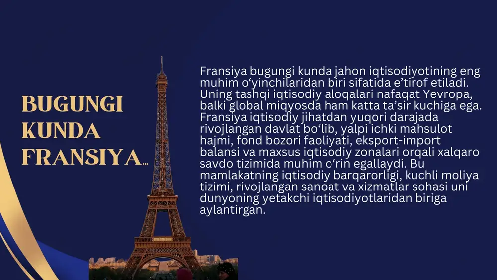 . bu kompaniyalar nafaqat fransiya, balki butun yevropa iqtisodiyotiga sezilarli ta’sir ko‘rsatadi. fond bozorining umumiy kapitalizatsiyasi 3 trillion yevroga yaqin bo‘lib, bu raqam fransiyaning moliyaviy barqarorligi va investorlar uchun jozibadorligini ifodalaydi. o u r b e s t g a l l e r y tashqi iqtisodiy aloqalar tashqi iqtisodiy aloqalarning eng muhim tarmog‘i — eksport va import hisoblanadi. fransiya dunyodagi eng yirik eksportyorlardan biri bo‘lib, har yili 600 milliard yevrodan ortiq mahsulot va xizmatlarni chetga eksport qiladi. asosiy eksport toifalariga avtomobilsozlik, samolyot ishlab chiqarish, farmatsevtika, parfyumeriya, moda sanoati, oziq-ovqat mahsulotlari va texnologiyalar kiradi. masalan, “airbus” kompaniyasi samolyot eksportida global miqyosda yetakchi o‘rin egallagan. “renault” va “peugeot” avtomobillari esa yevropa va osiyoda keng tarqalgan. rahmat!