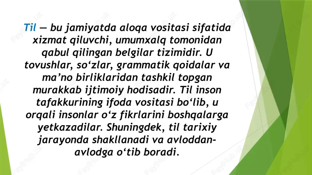 1.individual- psixik. 2.ob‟yektiv – sotsial. nutq faoliyatining individual-psixik jihati, bizningcha, izoh talab qilmaydi. chunki inson jamiyat a‟zolari bilan muloqotga kirishish jarayonida har doim o„z ichki kechinmalari, maqsadi ifodasi og„ushida bo„ladi. bir so„z bilan aytganda, so„zlovchining ruhiyati nutqiy faoliyat bilan uzviy aloqadordir. muxtaram prezidentimiz sh.mirziyoyevning “dunyodagi qadimiy va boy tillardan biri bo„lgan o„zbek tili xalqimiz uchun milliy o„zligimiz va mustaqil davlatchiligimiz timsoli, bebaho ma‟naviy boylik. kimda-kim o„zbek tilining bor latofatini, jozibasi va ta‟sir kuchini, cheksiz imkoniyatini his qilmoqchi bo„lsa, munis onalarimizning allalarini, ming yillik dostonlarimizni, o„lmas maqolalarimizni eshitsin, baxshi va hofizlarimizni sehrli qo„shiqlariga quloq tutsin”, – deya aytgan jamiyatning har bir sohasida tilning alohida vazifasi mavjud: 1. aloqa (kommunikativ) vazifasi – til insonlar o‘rtasida muloqotni ta’minlaydi, ular bir-birini tushunishlariga imkon yaratadi. 2. ifoda (ekspressiv) vazifasi – inson o‘z his-tuyg‘ularini, kechinmalarini, munosabatini til orqali bildiradi. 3. ta’sir (emotiv) vazifasi – til yordamida inson boshqalar fikriga yoki hissiyotiga ta’sir o‘tkazadi. 4. axborot (informativ) …