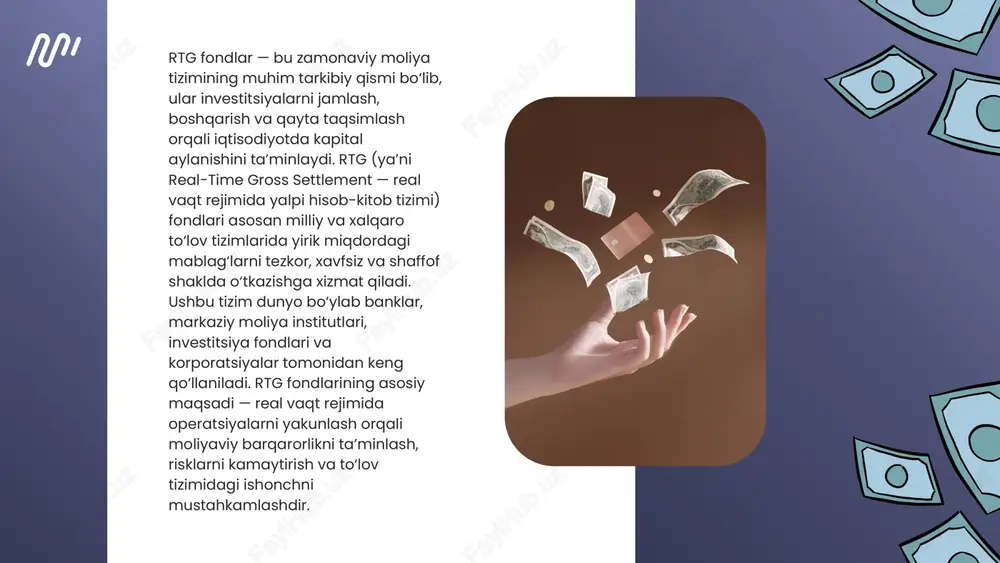 itaniyada chaps, yaponiyada esa boj-net deb ataladigan rtg tizimlari faoliyat yuritadi. ushbu tizimlar yordamida nafaqat milliy to‘lovlar, balki xalqaro moliyaviy operatsiyalar ham amalga oshiriladi. shu tariqa, rtg fondlari global moliyaviy infratuzilmaning asosi sifatida xizmat qiladi. rtg fondlarining afzalliklari orasida eng birinchi o‘rinda tezlik va ishonchlilik turadi. ular orqali yirik miqdordagi to‘lovlar bir necha soniya ichida amalga oshiriladi. masalan, bir davlat markaziy banki orqali boshqa mamlakatdagi moliya institutiga to‘lov o‘tkazilishi mumkin va bu jarayon butunlay avtomatik tarzda bajariladi. shu bilan birga, rtg fondlari moliyaviy risklarni kamaytiradi, chunki to‘lovlar kechiktirilmaydi va darhol yakunlanadi. bundan tashqari, rtg fondlari fond bozori va investitsiya tizimi bilan ham chambarchas bog‘langan. investorlar, banklar va sug‘urta kompaniyalari o‘z mablag‘larini rtg orqali tezkor tarzda harakatlantirishi mumkin. masalan, bir fond kompaniyasi aksiyalarni sotib olgach, to‘lov darhol rtg tizimi orqali o‘tkaziladi. bu esa moliyaviy bozorlarning likvidligini oshiradi va ishonchni mustahkamlaydi. rtg fondlari shuningdek, davlat obligatsiyalari, qimmatli qog‘ozlar va boshqa moliyaviy aktivlar …