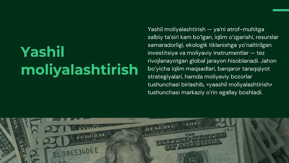 ‘yicha moliyaviy bozor va xususiy sarmoya jalb qilish imkoniyatlari cheklanganligi ta’kidlangan. boshqa tomondan, o‘zbekistonda yashil obligatsiyalar (green bonds) va tematik moliyalashtirish vositalari paydo bo‘lmoqda: misol uchun 2023-yilda davlat tomonidan birinchi yashil suveren euroobligatsiya chiqarilganligi bildirilgan. shu bilan birga, global yashil moliyalashtirish bozorida ham juda katta hajmlar kuzatilmoqda: masalan, gss+ (green, social, sustainability linked) obligatsiyalarining jahon bo‘yicha kümülatif miqdori 2024-yil oxiriga kelib taxminan 5,7 trillion dollarni tashkil qilgan. masalalar va ularning muhokamalari: masala 1: moliyalashtirish instrumentlarining rivojlanishi va bozorlarning yetukligi o‘zbekistonda yashil moliyalashtirishni kengaytirishda bir muhim to‘siq — tegishli moliyalashtirish instrumentlari (masalan yashil obligatsiyalar, yashil kreditlar, yashil fondlar) va ularni qo‘llab-quvvatlaydigan bozor infratuzilmasining yetarli emasligi. masalan, oecd hisobotida ta’kidlanishicha, o‘zbekistonda davlatning iqtisodiyotdagi roli katta bo‘lishi va ichki kapitallashgan bozorlar hali rivojlanmaganligi xususiy moliyalashtirishni jalb qilishga to‘sqinlik qilmoqda. shuningdek, yashil moliyalashtirishda xususiy sektor ulushini oshirish zarurati bor. buni solishtirish uchun, masalan, xitoy tajribasiga nazar solsak: 2024-yil q3 holatiga ko‘ra, xitoyning yashil kreditlari …