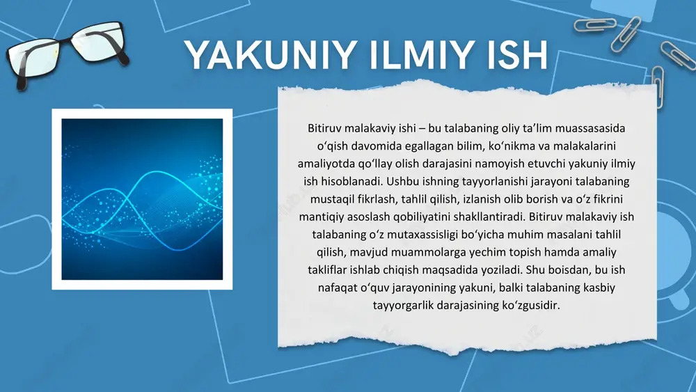 ntiqiy asosda keltirilishi kerak. adabiyotlar va manbalardan to‘g‘ri foydalanish, iqtiboslarni me’yoriy talablar asosida keltirish ham ilmiy ishning saviyasini oshiradi. shu jihatdan, talaba ilmiy etika qoidalariga qat’iy amal qilishi, plagiat holatlariga yo‘l qo‘ymasligi zarur. uslub ishni tayyorlash jarayonida rahbarning maslahati va yo‘l-yo‘riqlari katta ahamiyatga ega. ilmiy rahbar talabaning yo‘nalishini to‘g‘ri belgilashga, tadqiqot metodikasini tanlashga va natijalarni tahlil qilishga yordam beradi. rahbar bilan muntazam aloqa o‘rnatish, o‘zgarish va takliflarni o‘z vaqtida muhokama qilish ish sifatini oshiradi. bu jarayon talabaning mustaqillik va javobgarlik hissini kuchaytiradi. by larana group bitiruv malakaviy ishining amaliy qismi esa talabaning nazariy bilimlarini hayotiy holatlarga tadbiq etish qobiliyatini ko‘rsatadi. bu qismda odatda tajriba natijalari, tahlillar, hisob-kitoblar yoki loyihaviy yechimlar keltiriladi. natijalar asosida amaliy tavsiyalar ishlab chiqilib, ularning ahamiyati asoslanadi. shu yo‘sinda, ish faqat nazariy emas, balki real hayotga tatbiq etiladigan ilmiy yondashuvni o‘zida mujassam etadi. bitiruv ishini rasmiylashtirish ham o‘ziga xos talablarga ega. unda sahifalash, shrift, interval, iqtibos keltirish …