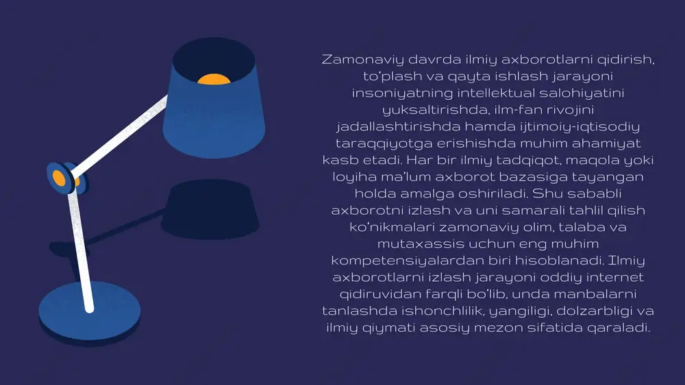 mendeley, zotero, yoki endnote kabi bibliografik menejerlardan foydalanish mumkin. ushbu dasturlar yordamida manbalarni saqlash, ularga havola yaratish va kerakli paytda ularni tez topish imkoniyati mavjud. axborotlarni to‘plashda maqsadli yondashuv, ya’ni har bir manbaning tadqiqotga qo‘shadigan hissasini oldindan aniqlash muhim ahamiyatga ega. muhim jarayonmuhim jarayon keyingi muhim jarayon – to‘plangan axborotni qayta ishlashdir. qayta ishlash deganda, avvalo ma’lumotlarni tahlil qilish, ularni ilmiy nuqtayi nazardan baholash, muhim va ikkinchi darajali axborotlarni ajratish tushuniladi. shu bosqichda olingan ma’lumotlar qayta o‘qiladi, umumlashtiriladi va muallifning tadqiqot maqsadiga mos tarzda qayta talqin qilinadi. masalan, bir nechta manbadan olingan fikrlarni solishtirish orqali ilmiy asoslangan xulosa chiqarish mumkin. axborotni qayta ishlashda plagiatga yo‘l qo‘ymaslik, har bir iqtibos uchun manba ko‘rsatish va ilmiy etika qoidalariga amal qilish muhim. qayta ishlashqayta ishlash ilmiy axborotni qayta ishlash jarayoni, shuningdek, uni vizual yoki analitik shaklda ifodalashni ham o‘z ichiga oladi. masalan, statistik ma’lumotlarni tahlil qilishda excel, spss yoki python dasturlari yordamida grafik, …