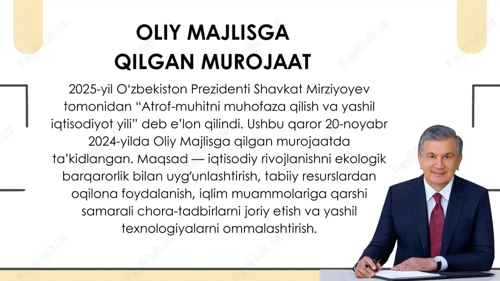 uv tejovchi texnologiyalarni keng qo‘llash qayta ishlash va chiqindilarni energiyaga aylantirish loyihalari (waste-to-energy) va chiqindi boshqaruvi tizimini yaxshilash keng ko‘lamli ekologik aksiyalar: ko‘kalamzorlashtirish, suv resurslarini muhofaza qilish, ehtiyojmand hududlarda ekologik tiklash, orol fojiasining oqibatlarini yumshatish choralarini kuchaytirish rejaga ko‘ra, 2025-yilga moʻljallangan davlat dasturida 5 asosiy yo‘nalishda 295 ta amaliy chora-tadbir, 87 ta normativ-huquqiy hujjat loyihasi va har yo‘nalishda indikatorlar belgilangan. shuningdek, “o‘zbekiston – 2030” strategiyasining 2025-yil uchun chora-tadbirlar qismi ham farmon bilan tasdiqlangan (112-sonli buyruq, ilova sifatida “2025-yil “atrof-muhitni asrash va “yashil iqtisodiyot yili”da amalga oshirishga oid chora-tadbirlar dasturi”) boshlang‘ich tashabbuslar va moliyalashtirish tadbirlar boshlanishi sifatida, 17-yanvar 2025-yilda markaziy osiyo atrof-muhit va iqlim universitetida ekologiya vazirligi va bmttd hamkorligida ikki yangi xalqaro loyiha taqdim etildi. bu loyihalar 2030-yilgacha davom etadi va umumiy byudjeti taxminan 6,5 million aqsh dollariga teng. birinchi loyiha — milliy bioxilma-xillik strategiyasini yangilash va 7-nasional hisobot tayyorlash; ikkinchisi — yuqori qiymatli landshaftlarni muhofaza qilish va tiklash bo‘yicha …