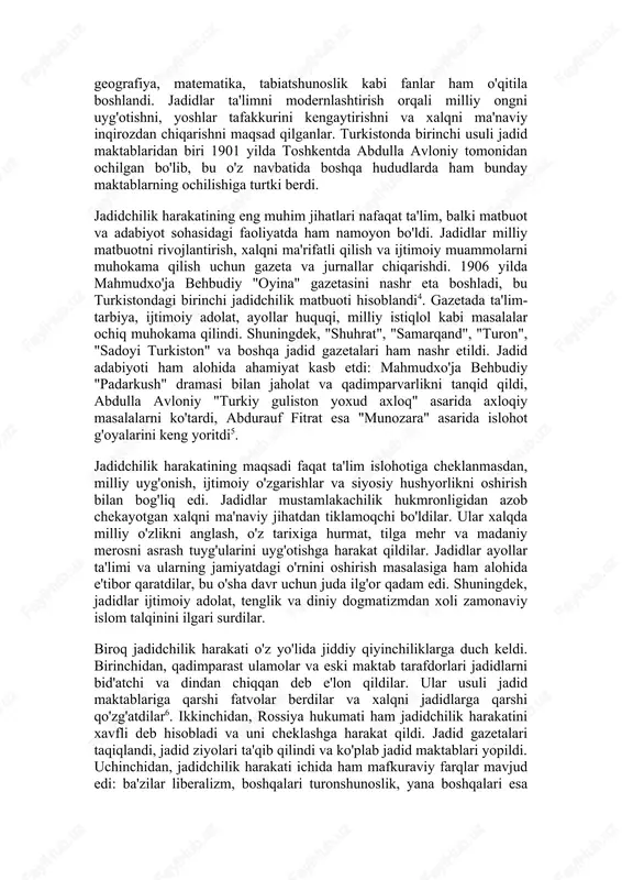 ni o'rganishsa, jadid maktablarida bir necha oy ichida savodxonlikka erishildi. bundan tashqari, jadid maktablarida tarix, geografiya, matematika, tabiatshunoslik kabi fanlar ham o'qitila boshlandi. jadidlar ta'limni modernlashtirish orqali milliy ongni uyg'otishni, yoshlar tafakkurini kengaytirishni va xalqni ma'naviy inqirozdan chiqarishni maqsad qilganlar. turkistonda birinchi usuli jadid maktablaridan biri 1901 yilda toshkentda abdulla avloniy tomonidan ochilgan bo'lib, bu o'z navbatida boshqa hududlarda ham bunday maktablarning ochilishiga turtki berdi. jadidchilik harakatining eng muhim jihatlari nafaqat ta'lim, balki matbuot va adabiyot sohasidagi faoliyatda ham namoyon bo'ldi. jadidlar milliy matbuotni rivojlantirish, xalqni ma'rifatli qilish va ijtimoiy muammolarni muhokama qilish uchun gazeta va jurnallar chiqarishdi. 1906 yilda mahmudxo'ja behbudiy "oyina" gazetasini nashr eta boshladi, bu turkistondagi birinchi jadidchilik matbuoti hisoblandi4. gazetada ta'lim-tarbiya, ijtimoiy adolat, ayollar huquqi, milliy istiqlol kabi masalalar ochiq muhokama qilindi. shuningdek, "shuhrat", "samarqand", "turon", "sadoyi turkiston" va boshqa jadid gazetalari ham nashr etildi. jadid adabiyoti ham alohida ahamiyat kasb etdi: mahmudxo'ja behbudiy "padarkush" dramasi …