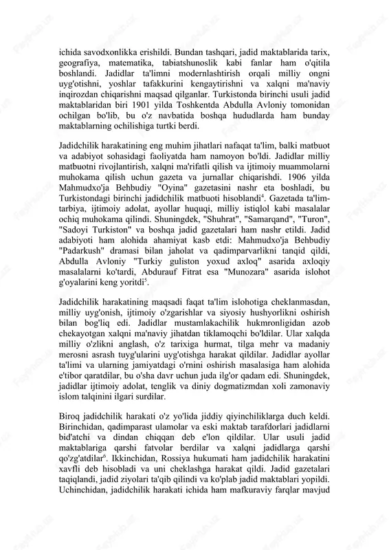 i o'rganishsa, jadid maktablarida bir necha oy ichida savodxonlikka erishildi. bundan tashqari, jadid maktablarida tarix, geografiya, matematika, tabiatshunoslik kabi fanlar ham o'qitila boshlandi. jadidlar ta'limni modernlashtirish orqali milliy ongni uyg'otishni, yoshlar tafakkurini kengaytirishni va xalqni ma'naviy inqirozdan chiqarishni maqsad qilganlar. turkistonda birinchi usuli jadid maktablaridan biri 1901 yilda toshkentda abdulla avloniy tomonidan ochilgan bo'lib, bu o'z navbatida boshqa hududlarda ham bunday maktablarning ochilishiga turtki berdi. jadidchilik harakatining eng muhim jihatlari nafaqat ta'lim, balki matbuot va adabiyot sohasidagi faoliyatda ham namoyon bo'ldi. jadidlar milliy matbuotni rivojlantirish, xalqni ma'rifatli qilish va ijtimoiy muammolarni muhokama qilish uchun gazeta va jurnallar chiqarishdi. 1906 yilda mahmudxo'ja behbudiy "oyina" gazetasini nashr eta boshladi, bu turkistondagi birinchi jadidchilik matbuoti hisoblandi4. gazetada ta'lim-tarbiya, ijtimoiy adolat, ayollar huquqi, milliy istiqlol kabi masalalar ochiq muhokama qilindi. shuningdek, "shuhrat", "samarqand", "turon", "sadoyi turkiston" va boshqa jadid gazetalari ham nashr etildi. jadid adabiyoti ham alohida ahamiyat kasb etdi: mahmudxo'ja behbudiy "padarkush" dramasi …