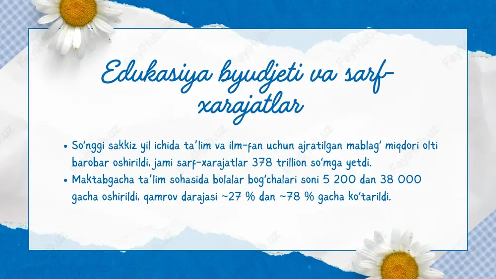 maktablar mavjud — 9 000 nafar 15 yoshli oʻquvchilarning bilim darajasi tahlil qilinadi. ichki tengsizlik, chuqur muammolar va cheklovlar pedagogik institutlarda metodik ta’minot, darsliklar, didaktik materiallar, multimedia resurslar kabi vositalar yetarli darajada ishlab chiqilmagan. soha bo‘yicha yuqori malakali natural va analitik fanlar yoʻnalishlarida oʻqituvchilar yetishmovchiligi mavjud. ba’zi hududlarda maktab infratuzilmasi va malaka oshirish imkoniyatlari markaziy shahar va chekka joylar orasida sezilarli farq qiladi. (toʻliq statistikasi mavjud emas, ammo rasmiy hujjatlarda bu masala tilga olinmoqda.) ilm-fan sohasidagi yutuqlar va istiqbolli yoʻnalishlar yangi fan yoʻnalishlari joriy etilmoqda: ekologiya, qayta tiklanuvchi energiya, biosistemalar muhandisligi kabi sohalar. universitetlar va ilmiy institutlar orasida ham amaliy hamkorlik loyihalari kengaymoqda, grantlar va tashqi investitsiyalar jalb qilinmoqda, talabalar va post- doktorantlar imkoniyatlari oshmoqda. rahmat!