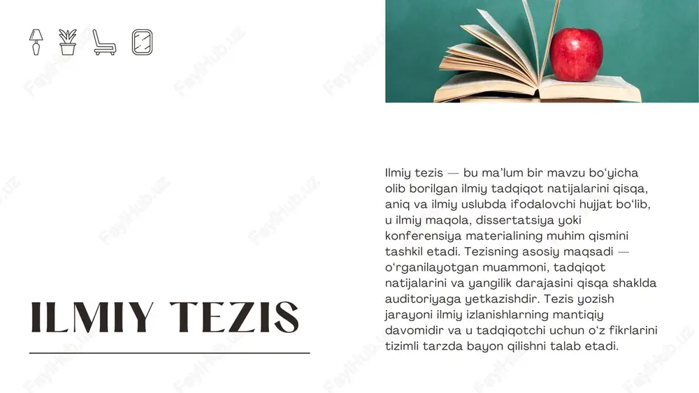 shkil etdi” kabi aniq raqamli faktlar ishlatiladi. tezisda har bir fikr ishonchli manbalar bilan asoslanishi zarur. xulosa qismi xulosa qismida tadqiqotning eng muhim natijalari, ularning amaliy ahamiyati va ilmiy yangilik jihatlari umumlashtiriladi. masalan, “o‘tkazilgan tahlillar shuni ko‘rsatdiki, ilmiy-tadqiqot jarayonlariga raqamli texnologiyalarni joriy etish samaradorlikni 27 foizga oshirgan” kabi natijalar keltiriladi. shart! tezis yozishda ilmiy uslubga qat’iy rioya qilish muhimdir. unda so‘zlar aniq, lo‘nda va mazmunli bo‘lishi, hissiy yoki badiiy ifodalar ishlatilmasligi kerak. “ko‘rinadiki”, “shunday qilib”, “tadqiqot natijalariga ko‘ra” kabi mantiqiy bog‘lovchi iboralar tezis matnini yaxlit qiladi. shuningdek, manbalarni keltirishda o‘zbekiston respublikasi oliy attestatsiya komissiyasi (oak) talablari asosida bibliografik ro‘yxat tuziladi. ilmiy uslub hajmi i lmiy tezis hajmi odatda 1–3 betni tashki l etadi , biroq xalqaro konferensiyalar yoki i lmiy to‘plamlarda bu hajm 1000–1500 so‘z atrofida bo‘ ladi . shuningdek, zamonaviy i lmiy nashrlar, masalan, sciencedirect, google scholar yoki scopus bazalaridagi maqolalarda tezis qismini a lohida bo‘ l im sifatida …