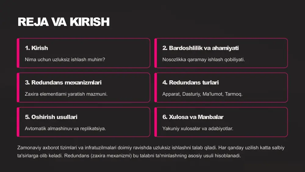 qismi ishdan chiqsa, zaxira qismi darhol ishni davom ettiradi. 4 redundansning asosiy turlari redundans turli darajalarda amalga oshiriladi, bu esa tizimning keng qamrovli himoyasini ta'minlaydi. apparat redundansi tizimda bir nechta zaxira qurilmalar (masalan, raid disk massivlari, ikki quvvat manbai, zaxira serverlar) mavjud bo'lishi. dasturiy redundans dasturiy ta’minotdagi xatoliklarni kamaytirish uchun zaxira algoritmlar yoki bir nechta parallel dasturiy modullardan foydalanish. ma’lumot redundansi ma’lumotlarning bir nechta joyda nusxalanib saqlanishi (masalan, georeplikatsiya, an'anaviy "backup"lar). tarmoq redundansi tarmoqdagi yo‘llar, aloqa tugunlari yoki marshrutlarning zaxiralanishi, bu esa aloqa uzilishini butunlay oldini oladi. 5 tarmoq redundansi: yuqori uzlukszilik kafolati muhim tamoyillar: yo'llarni zaxiralash (path redundancy). marshrutizator (router) va kommutator (switch) klasterlari. spanning tree protocol (stp) dan foydalanish. multi-homing (bir nechta isp orqali ulanish). tarmoq redundansi bir necha tarmoq yo'nalishlaridan foydalanishni talab qiladi, shunda bittasi ishdan chiqqanda, trafik zudlik bilan boshqasiga yo'naltiriladi. bu turdagi redundans ayniqsa yuqori yuklamali va muhim infratuzilmalar (bank, telekommunikatsiya) uchun hayotiy ahamiyatga ega. …