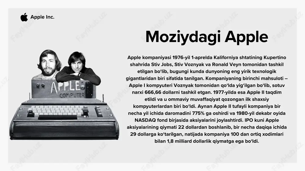 etdi va shu bilan musiqa sanoatini o‘zgartirdi. ipod 2008-yilgacha 160 million dona sotildi. apple inc. smartfonlar inqilobi va planshetga ishtiyoq 2007-yilda esa apple tarixida burilish nuqtasi yuz berdi – birinchi iphone taqdim etildi. stiv jobs uni taqdim etar ekan, "telefon, internet qurilmasi va musiqa pleeri birlashgan bitta mahsulot" deya ta’riflagan edi. iphone nafaqat apple, balki butun mobil texnologiya sanoatini o‘zgartirdi. birinchi modelning 1,39 million donasi birinchi yilning o‘zida sotildi. bugungi kunda esa iphone apple daromadining qariyb 52% ini tashkil etadi. 2010-yilda ipad plansheti chiqdi va bu yangi turdagi qurilma birinchi uch yilda 100 milliondan ortiq sotildi. 2011-yilda esa stiv jobs uzoq davom etgan pankreatik saraton kasalligidan so‘ng vafot etdi. shu vaqtdan buyon tim kuk kompaniya rahbarligini olib kelmoqda. uning davrida apple o‘z biznesini yanada diversifikatsiya qildi va xizmatlar sektoriga katta e’tibor qaratdi. rahmat! bugungi kunda apple dunyodagi eng qadri baland korporatsiyalardan biridir. 2018-yilda u 1 trillion dollarlik bozor qiymatiga yetgan …