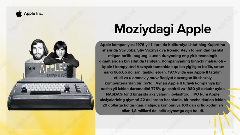etdi va shu bilan musiqa sanoatini o‘zgartirdi. ipod 2008-yilgacha 160 million dona sotildi. apple inc. smartfonlar inqilobi va planshetga ishtiyoq 2007-yilda esa apple tarixida burilish nuqtasi yuz berdi – birinchi iphone taqdim etildi. stiv jobs uni taqdim etar ekan, "telefon, internet qurilmasi va musiqa pleeri birlashgan bitta mahsulot" deya ta’riflagan edi. iphone nafaqat apple, balki butun mobil texnologiya sanoatini o‘zgartirdi. birinchi modelning 1,39 million donasi birinchi yilning o‘zida sotildi. bugungi kunda esa iphone apple daromadining qariyb 52% ini tashkil etadi. 2010-yilda ipad plansheti chiqdi va bu yangi turdagi qurilma birinchi uch yilda 100 milliondan ortiq sotildi. 2011-yilda esa stiv jobs uzoq davom etgan pankreatik saraton kasalligidan so‘ng vafot etdi. shu vaqtdan buyon tim kuk kompaniya rahbarligini olib kelmoqda. uning davrida apple o‘z biznesini yanada diversifikatsiya qildi va xizmatlar sektoriga katta e’tibor qaratdi. apple inc. 2007 — iphone (1st generation) 2008 — iphone 3g 2009 — iphone 3gs 2010 — iphone …