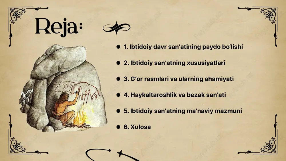 doiy sanʼatning ahamiyati bu sanʼat insonning badiiy tafakkurining boshlanishidir. inson o‘zini tabiat bilan uyg‘unlikda his qilgan. keyingi davr misr, yunon, rim sanʼatlarining shakllanishiga asos bo‘lgan. har bir rasm, haykal yoki naqsh — inson tafakkuri va ijodining ilk belgisi. arxeologik topilmalar orqali maʼlum bo‘lishicha, ibtidoiy davr sanʼati mintaqalar bo‘yicha farqlangan. masalan, yevropada asosan ov manzaralari tasvirlangan bo‘lsa, afrikada inson va hayvon o‘rtasidagi ruhiy aloqani ifodalovchi ramzlar ko‘p uchraydi. markaziy osiyo va o‘zbekiston hududlarida ham tosh rasmlar topilgan bo‘lib, ularning eng mashhurlari zarautsoy va sarmishsoy petrogliflaridir. bu rasmlar o‘zbekiston hududida qadimdan badiiy madaniyat rivoj topganini tasdiqlaydi. sarmishsoy tosh rasmlari sarmishsoy tosh rasmlari orasida otlar, bug‘ular, ov manzaralari, raqsga tushayotgan insonlar tasvirlari mavjud. ular nafaqat ibtidoiy odamlarning kundalik hayotini, balki diniy e’tiqodlarini ham ifodalagan. har bir tasvirda maʼlum maʼnaviy maqsad mujassam bo‘lib, bu o‘z navbatida sanʼatning kommunikativ ahamiyatini oshirgan. shu sababli ibtidoiy sanʼat tarixiy axborot manbai sifatida katta ilmiy ahamiyatga ega. ibtidoiy sanʼatning …