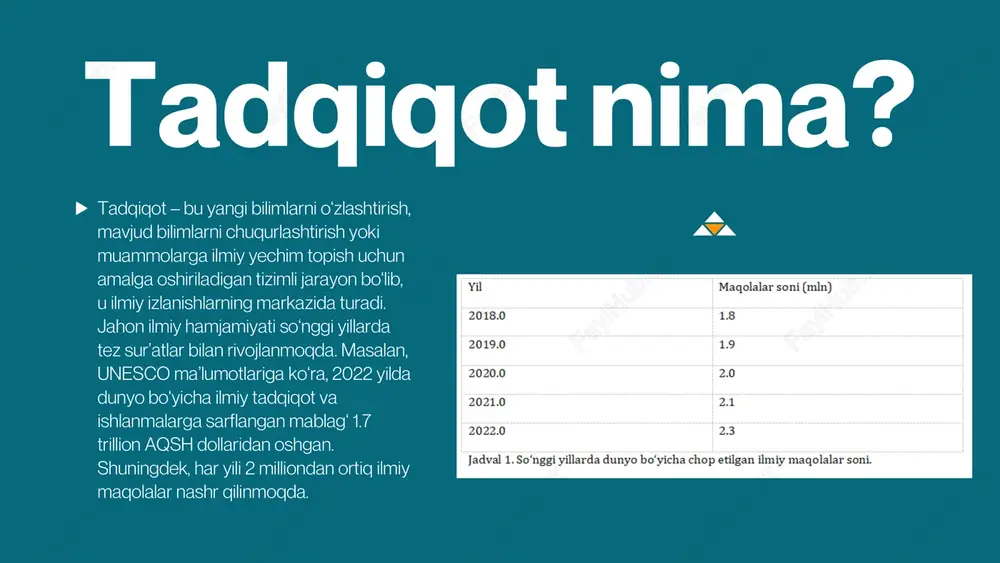 g taqsimoti. ilmiy usulning mohiyati ilmiy usul – olimlar tomonidan yangi bilimlarni olish jarayonida qo‘llaniladigan bosqichma-bosqich harakatlar tizimi. bunga muammo qo‘yish, gipoteza ilgari surish, ma’lumot to‘plash, tajriba o‘tkazish va natijalarni tahlil qilish kiradi. ilmiy usulning samaradorligi natijalarni ishonchliligi bilan belgilanadi. masalan, tibbiyotda yangi vaksina sinovlari aynan ilmiy usul asosida o‘tkaziladi va bosqichma-bosqich tekshiriladi. tadqiqot o‘tkazilishining asosiy sababi tadqiqot o‘tkazilishining asosiy sababi – yangi bilim olish va mavjud muammolarni hal qilishdir. bu jarayon jamiyat taraqqiyoti, iqtisodiy barqarorlik va ilmiy rivojlanish uchun muhimdir. o‘zbekistonda 2022 yilda ilmiy-tadqiqotlarga 2.4 trillion so‘m ajratilgan bo‘lsa, bu 2018 yilga nisbatan 1.6 baravar ko‘pdir. xulosa xulosa qilib aytganda, tadqiqot – jamiyat taraqqiyotining asosiy harakatlantiruvchi kuchidir. u nafaqat yangi bilimlarni yaratadi, balki mavjud muammolarga amaliy yechim taklif etadi. tadqiqot metodologiyasi va ilmiy usul ilmiy izlanishlarning samaradorligini oshiradi. kuchli motivatsiya esa olimlarning izlanishdagi muvaffaqiyatini ta’minlaydi. rahmat!
