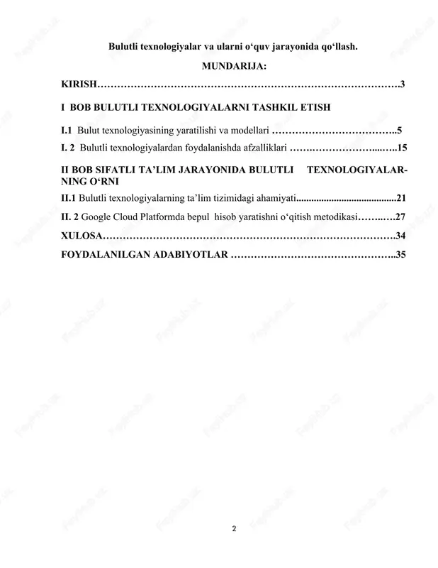 alashtirilgan natijalarga erishish imkonini beradi. bu talablarni qondirishning eng samarali yo‘li bulutli hisoblash tizimini joriy etish asosida ta’lim uchun axborot texnologiyalarini ishlab chiqishdir. bu xizmat it infratuzilmasi rivojlantirishining eng istiqbolli innovatsion yo‘nalishlaridan biri hisoblanadi. “bulutli hisoblash (inglizcha cloud computing) taqsimlangan ma’lumotlarni qayta ishlash texnologiyasi bo‘lib, bunda kompyuter resurslari va imkoniyatlari foydalanuvchiga internet xizmati sifatida taqdim etiladi. foydalanuvchi o‘zining veb-serverlarida doimiy saqlanadigan ma’lumotlariga faqat mijoz sifatida kompyuter, smartfon, planshet yoki noutbuk orqali kirish huquqiga ega. bulutli texnologiyalar dasturiy ta’minot va uskunalarni sotib olish, ta’mirlash va yangilashdagi harajatlarni tejash imkonini beradi. bulutdagi ma’lumotlarga masofadan kirish - interneti mavjud bo‘lgan sayyoramizning istalgan uqtasidan amalga oshirish mumkin. shu bilan birga, bulutli texnologiyalarni qoʻllashda ayrim muammolar, masalan, texnik imkoniyatlar, axborot xavfsizligi va oʻquvchilarni texnologiyaga moslashtirish kabi masalalar ham mavjud. shuning uchun ushbu kurs ishida bulutli texnologiyalarni taʼlim jarayonida qoʻllashning afzalliklari, imkoniyatlari va shu bilan birga yuzaga kelishi mumkin boʻlgan muammolar tahlil qilinadi. kurs ishining maqsadi: …