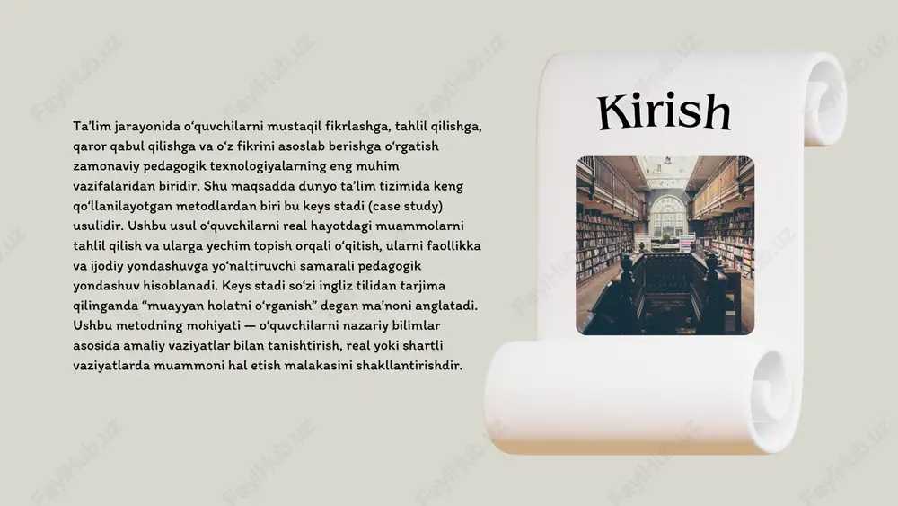 a ega bo‘lishga undovchi vosita sifatida ham ahamiyatlidir. keys stadi usulini samarali qo‘llash uchun o‘qituvchi avvalo darsning maqsadini aniq belgilab olishi, keysni to‘g‘ri tanlashi va uni o‘quvchilarning bilim darajasiga moslashtirishi lozim. keys haddan tashqari murakkab yoki mavzudan uzoq bo‘lsa, o‘quvchilarda qiziqish so‘nadi. shu sababli o‘qituvchi keys mazmunini hayotiy, real, o‘quvchi uchun tanish vaziyatlardan tuzishi maqsadga muvofiqdir. dars jarayonida o‘qituvchi o‘quvchilarni faollikka undashi, savollar berib yo‘naltiruvchi rolini o‘ynashi kerak. muhimi, ularning fikrini hurmat qilish va har bir yechim variantini muhokama qilish muhimdir. shu tariqa, o‘quvchilar nafaqat bilim oladilar, balki hayotiy muammolarni hal etish ko‘nikmalarini ham egallaydilar. darsning aniq maqsadi xulosa xulosa qilib aytganda, innovatsion ta’lim muhitida o‘qituvchining kreativligi — bu zamonaviy ta’limning yuragi, harakatlantiruvchi kuchidir. ijodkor o‘qituvchi — bu o‘quvchilarni yangicha fikrlashga, o‘zini rivojlantirishga, hayotda muvaffaqiyat qozonishga yo‘naltiruvchi shaxsdir. uning kreativ yondashuvi nafaqat dars sifatini oshiradi, balki butun ta’lim tizimini yangi bosqichga olib chiqadi. har bir o‘qituvchi o‘z faoliyatida ijodkorlikni rivojlantirib …