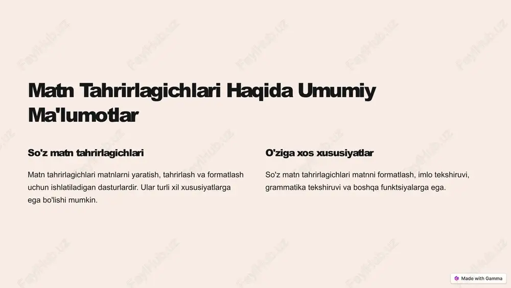 chirish, ko'chirish va tartibga solish mumkin. abzatslarni formatlash abzatslarni turli xil uslublarga (hisoblash, raqamlash) formatlash imkoniyati mavjud. betlarni sonlash, sahifalar va tartiblash 1 sahifalarni sonlash hujjatdagi sahifalar sonini avtomatik ravishda hisoblash. 2 sahifalarni tartiblash hujjatlarni sahifalar bo'yicha tartibga solish, yo'naltirishni tanlash. 3 sahifalarni formatlash sahifalarni formatlash, chekka bo'shliqlarni o'zgartirish, sarlavhalar qo'shish. matn fayllarini eksport qilish va import qilish 1 eksport qilish hujjatlarni turli xil formatlarda (pdf, word, html) saqlash imkoniyati. 2 import qilish turli xil formatdagi hujjatlarni matn tahrirlagichga yuklash mumkin. 3 saqlash hujjatlarni turli xil joylarda saqlash mumkin (mahalliy disk, bulut saqlash). xulosalar va holat bayoni 1 hisoblash so'z matn tahrirlagichlari turli xil hisoblash funktsiyalarini taklif etadi. 2 tahlil matn tahlil qilish uchun foydali vositalar mavjud. 3 formatlash matnni formatlash va tuzatish uchun vositalar taqdim etiladi. image1.png image2.png image3.png image4.png image5.png image6.png image7.png image8.png image9.png image10.png image11.png image12.png image13.png image14.png image15.png image16.png image17.png