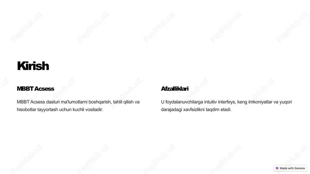 tlarni berish. 2 shifrlash ma'lumotlarni xavfsiz saqlash uchun shifrlash. 3 zaxira ma'lumotlarni yo'qotishdan himoya qilish uchun zaxira nusxalari yaratish. jadval strukturasini moslash va optimizatsiya 1 vazifalar vazifalarni osonlashtirish uchun jadval strukturasini optimallashtirish. 2 samaradorlik jadvalni qidirish va saralashni tezlashtirish. 3 ishlash jadvalning ishlash tezligini va samaradorligini oshirish. natijalar va xulosa mbbt acsess dasturi ma'lumotlarni boshqarish, tahlil qilish va hisobotlar tayyorlash uchun kuchli vositadir. uning keng imkoniyatlari sizga ishingizni samarali bajarishga yordam beradi. image1.png image2.png image3.png image4.png image5.png image6.png image7.png image8.png image9.png image10.png image11.png image12.png image13.png image14.png image15.png image16.png image17.png