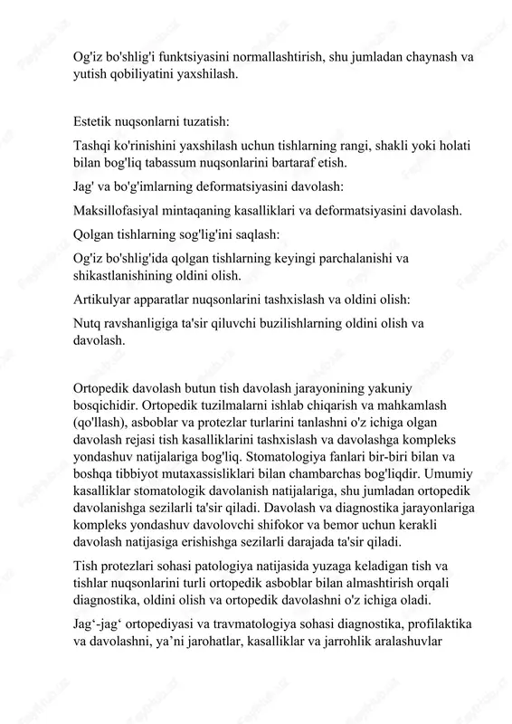 tologik davolanish natijalariga, shu jumladan ortopedik davolanishga sezilarli ta'sir qiladi. davolash va diagnostika jarayonlariga kompleks yondashuv davolovchi shifokor va bemor uchun kerakli davolash natijasiga erishishga sezilarli darajada ta'sir qiladi. tish protezlari sohasi patologiya natijasida yuzaga keladigan tish va tishlar nuqsonlarini turli ortopedik asboblar bilan almashtirish orqali diagnostika, oldini olish va ortopedik davolashni o'z ichiga oladi. jagʻ-jagʻ ortopediyasi va travmatologiya sohasi diagnostika, profilaktika va davolashni, yaʼni jarohatlar, kasalliklar va jarrohlik aralashuvlar natijasida yuzaga keladigan jagʻ va yuz deformatsiyalarini protezlash va tuzatishni oʻrganadi. ortodontiya - ortopedik stomatologiyaning tishlar, tishlar va chaynash va nutq apparatlarining boshqa a'zolarining doimiy anomaliyalarini o'rganish, oldini olish va davolash bilan shug'ullanadigan bo'limi.