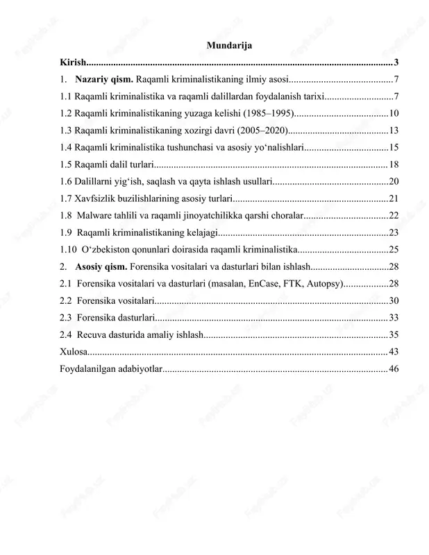 va yig‘ish; · topilgan ma’lumotlarni tahlil qilish va qayta ishlash; · jinoyat tafsilotlarini aniqlash va sudda isbotlash uchun dalillarni taqdim etish. hozirgi raqamli asrda texnologiyalar va internet tarmoqlari hayotimizning ajralmas qismiga aylangan. shaxsiy va korporativ axborotlar son-sanoqsiz raqamli platformalarda saqlanadi va foydalaniladi. shu bilan birga, texnologiyalarning rivojlanishi bilan ularni suiste'mol qilish xavfi ham oshib bormoqda. hozirgi kunda kiberjinoyatlar dunyo miqyosida eng xavfli muammolar qatoriga kiradi. masalan: · shaxsiy ma'lumotlarning o‘g‘irlanishi: elektron pochta yoki ijtimoiy tarmoq hisoblariga ruxsatsiz kirish. · moliyaviy firibgarliklar: onlayn to‘lov tizimlaridagi firibgarlik, kredit kartalar ma'lumotlarini o‘g‘irlash. · kiberhujumlar: davlat va korporativ serverlarga xakerlik hujumlari. · ransomware (talabnoma dasturlar): foydalanuvchi ma'lumotlarini shifrlab, ularni ochish uchun to‘lov talab qilish. raqamli jinoyatlar nafaqat iqtisodiy zarar keltiradi, balki milliy xavfsizlikka ham tahdid soladi. shu sababli, jinoyatlarni aniqlash va ularning oldini olish uchun raqamli kriminalistika fani rivojlanmoqda. bu yo‘nalish raqamli muhitda sodir bo‘lgan jinoyatlarni o‘rganish va dalillarni ilmiy asosda tahlil qilishni o‘z …