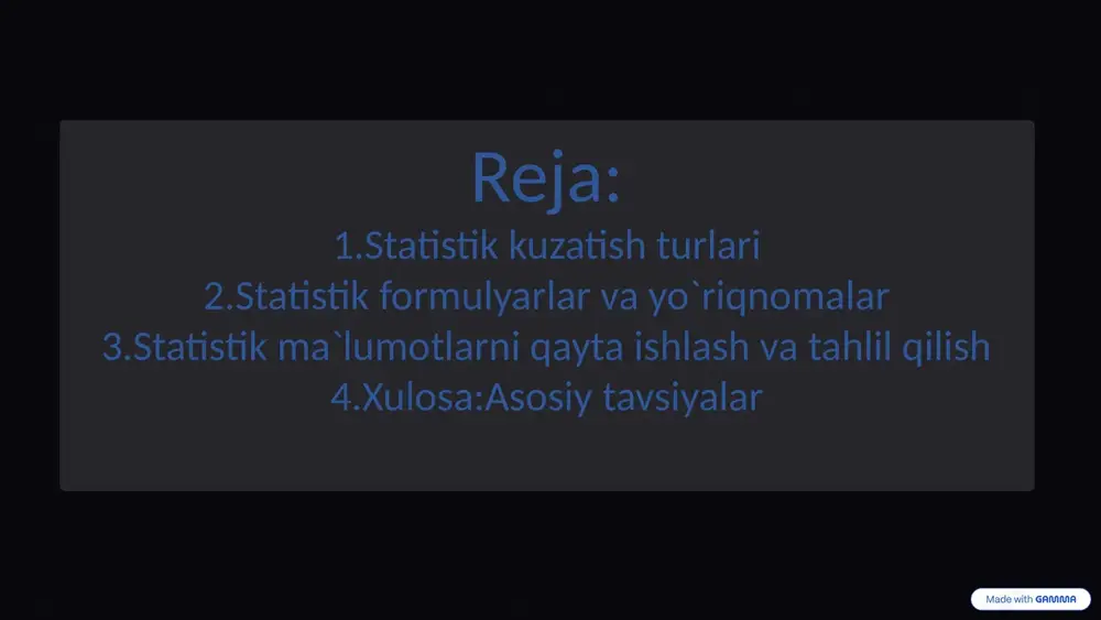 , o'quv muassasa 6 statistik formulyarlar va yo'riqnomalar statistik formulyarlar ma'lumot yig'ishning asosiy vositalari. ular savollarning mazmuni, tartiblanishi va javoblar uchun ajratilgan joylarni o'z ichiga oladi. yo'riqnamalar to'ldirishda qo'llaniladigan qoidalarni tushuntiradi. 1 formulyar tuzilishi sarlavha, terimot, savollar va uslubiy ko'rsatmalar o'z ichiga oladigan aniq tuzilmaga ega bo'lishi kerak. 2 yo'riqnamalar tayyorlash savollar va javoblar to'g'ri tushunilishi uchun batafsiliy va tushunarli yo'riqnamalar yozilishi shart. 3 test sinov formulyar chap qismlari bilan bilanoq yozilgandan so'ng, uning unumliligi va samarodarligini test qilish kerak. 7 kuzatish dasturi va rejasi statistik kuzatishning muvaffaqiyati uning to'g'ri rejasiga va dasturlashtiruvchi hujjatlarning o'z vaqtida tayyorlashiga bog'liq. dastur kuzatish tuzilmasini, metodologiyasini va boshqa muhim jihatlari aniq ko'rsatadi. maqsadni aniqlash kuzatishning nima uchun kerakligini va qanday natijalarga erishishni kutishni aniqlab qo'yish. metodologiya qaysi usullar, texnikalar va alatlari qo'llanilayotganligi haqida to'liq ma'lumot. jadval va resurslar kuzatish qachon amalga oshiriladi, kim mas'ul bo'ladi va qancha buxgalterlari zarur bo'ladigan ma'lumot. nazora va kalibr …