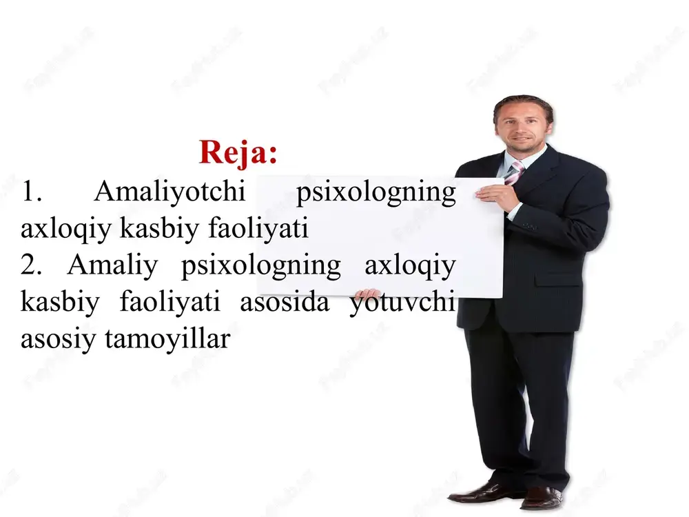 shish, xalq sudlariga bolalar, o`quvchilar va talabalar psixik o`sishining xususiyatlariga oid ma'lumot berish, o`g`il va qizlarni asrab olish, onalik va otalikdan mahrum qilish, tashkilotlarni g`amxo`rlik va vasiylik to`g`risidagi qabul qilgan qarorga munosabatini bildirish, shaxsning taqdirini hal qilishda qatnashish va maslahatlar berish; ota-onalarga bolaning psixik rivojlanish xususiyatlari, shaxs sifatida shakllanishi, odamlarning o`zaro munosabati, bunda farzandning yosh, jins, shaxsiy tipologik xususiyatlari muammosi yuzasidan ilmiy-amaliy ma'lumotlar berish; xalq ta'limi tizimining barcha bo`g`inlari va bosqichlarida ma'ruza o`qish, ota-onalar yig`ilishida, metod birlashma majlisida, pedagogik kengashda, ilmiy kengashda ishtirok qilish orqali muallimlar, ota-onalarning psixologik madaniyatini oshirishga harakat qilish. psixolog ta'lim-tarbiya ish rejasini tuzishda, tarbiyaviy tadbirlar ishlab chiqishda, o`quv dasturi va qo`llanmalarni yaratishda faol ishtirok etishi, bosh maqsad bo`lgan shaxsning intellektual qobiliyati, umuminsoniy fazilati, bilim olish ko`nikmalari va malakalari, mutaxassislik fazilatlarini shakllantirishdek muqaddas ishga o`zining munosib ulushini qo`shishdan iborat sharafli vazifani bajaradi. yangi tipdagi maktablarga, o`rta maxsus hamda oliy o`quv yurtlariga o`quvchilar, talabalar tanlash mohiyati, vazifasi, monandligi, …
