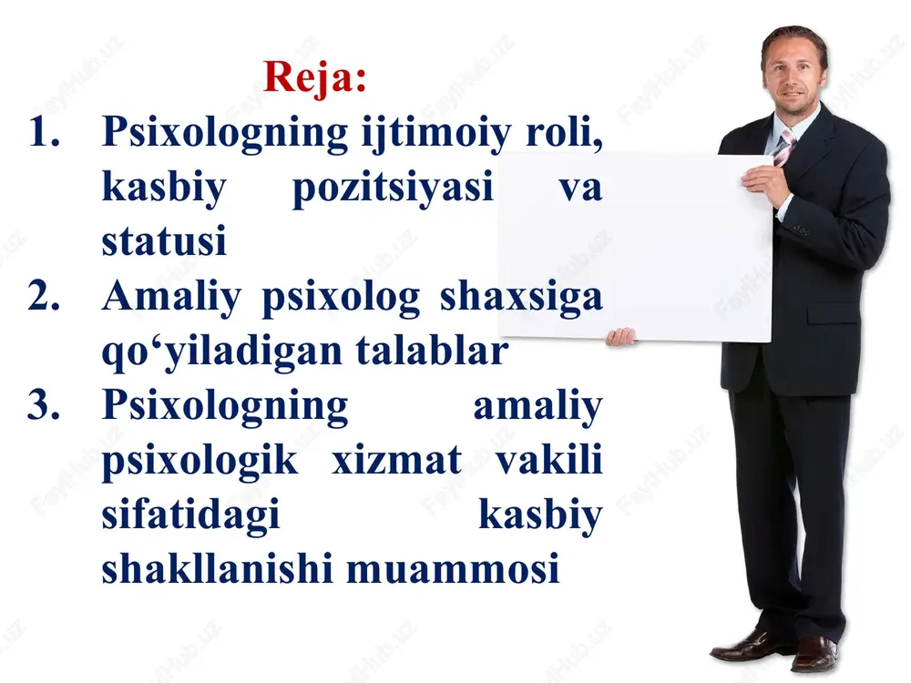 ktabgacha ta’lim, umumta’lim muassasasi, mehribonlik uyi hujjatlari bilan tanishish; muassasa rahbariyatiga o‘zi uchun xona, mebel jihozlari, kompyuter va boshqa texnika vositalari, idora buyumlari ajratilishi to‘g‘risidagi talablar bilan murojaat qilish; psixologik xizmatni amalga oshirish doirasida tadbirlarning ketma-ketligini, maktabgacha ta'lim, umumta'lim muassasasi, mehribonlik uyi pedagogik jarayonining o‘ziga xos tomonlari, muayyan shart-sharoitlari va kontingentini hisobga olgan holda o‘z faoliyatining ustuvor yo‘nalishlarini belgilash; bolalar, ularning ota-onalari yoki qonuniy vakillari, shuningdek, maktabgacha ta’lim, umumta'lim muassasasi, mehribonlik uyi pedagoglari bilan olib boriladigan ishlarning muayyan yo‘nalishlarini mustaqil shakllantirish; muassasa ma'muriyati ko‘rsatmalari psixologning mazkur nizomda belgilangan majburiyatlari, funksiyalari va faoliyat yo‘nalishlariga zid bo‘lsa, ularni bajarmaslik; psixologik tadqiqot va tajribalar o‘tkazish, ularning natijalarini ilmiy jurnallarda hamda boshqa matbuot nashrlarida e'lon qilish; ma'muriyat bilan kelishgan holda sinfdagi va sinfdan tashqari mashg‘ulotlar, shuningdek, boshqa tadbirlarda o‘quvchilarning xulq-atvori hamda individual xususiyatlarini, ularning o‘qishga, sinf rahbari va o‘qituvchilar bilan muomala munosabatini o‘rganish maqsadida ishtirok etish; psixologik-pedagogik tashxisga oid yangi metodikalar, psixoprofilaktika va korreksion-rivojlantiruvchi …