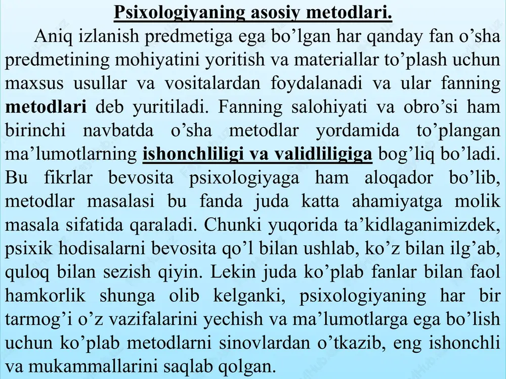 atta ahamiyat kasb etadi. ma’lumki yuqori psixik jarayonlar uzoq muddatli rivojlanishning mahsulidir. shuning uchun ham psixolog uchun bu jarayon qanday kechganligini kuzatish juda muhimdir. eksperimental-genetik usul rus olimlari tomonidan keng qo’llanilgan. keyingi usul shaxs patololgiyasini aniqlashda ishlatilgan. bundan tashqari psixologik testlar usuli mavjud. psixologiyada genetik printsipdan foydalanish zarurligini p. p. blonskiy (1884–1941), l. s. vigotskiy (1896–1934), s.l.rubinshteyn (1889–1960), a.n. leontev (1903–1979) lar o`z asarlarida ta'kidlaganlar. tadqiqotlarni amalga oshirishning genetik printsipi keyingi yillarda, ayniqsa bolalar psixologiyasida bola shaxsini bo`ylama kesimi (prodolniy razrez) bo`yicha o`rganish metodi deb atalgan usuli keng qo`llanilmoqda. bu longityud metodi deb ham aytiladi. longityud (inglizcha longitude–dolgota) bir xolatni uzoq vaqt va muntazam o`rganish metodidir. psixologiyaning asosiy metodlari. b.g.ananev psixikani o`rganish metodlarini to`rt guruhga ajratib, ularni tashkiliy, empirik (amaliy), natijalarni qayta ishlash yoki statistik, natijalarni sharhlash yoki interpretatsiya metodlari guruhlariga ajratadi. rus olimi n. a. menchinskaya nemis olimi v. shtern, bu usuldan: birinchi. tashkiliy guruh o`z ichiga qiyoslash, longityud …