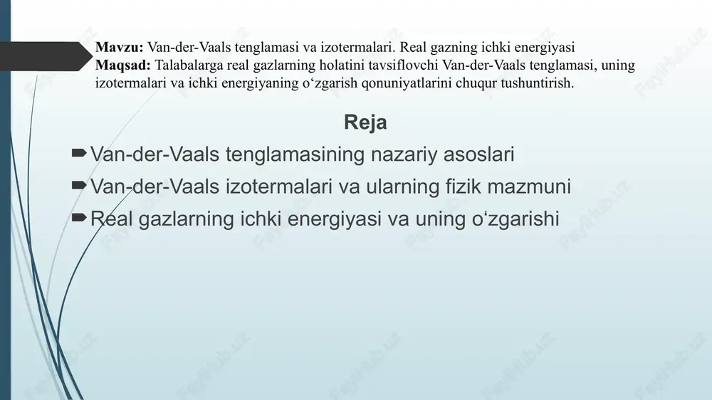 aydi. past haroratlarda esa egri chiziqda suyuq–bug‘ muvozanati kuzatiladi. kritik nuqta – gazning suyuqlikka o‘tish chegarasi yo‘qoladigan holat. izoterma grafigida kritik nuqta egri chiziqning eng tekis joyi bilan belgilanadi. kritik nuqta va uning parametrlari van-der-vaals tenglamasidan kritik nuqtaning parametrlari aniqlanadi: bu qiymatlar har bir gaz uchun turlicha. masalan, co₂ uchun: real gazlar uchun ichki energiya o‘zgarishi real gazning ichki energiyasi ortsa, molekulalar orasidagi o‘zaro ta’sir kuchlari kamayadi. kengayish jarayonida molekulalar bir-biridan uzoqlashib, tortishish energiyasi kamayadi. siqilish jarayonida esa, molekulalararo kuchlar ortib, ichki energiya oshadi. shuning uchun real gazlar uchun termodinamik jarayonlarni aniq hisoblashda van-der-vaals tenglamasi ishlatiladi. van-der-vaals tenglamasi real gazlarning xatti-harakatini chuqur tahlil qilish imkonini beradi. ideal gaz modeli molekulalararo ta’sirlarni e’tiborsiz qoldirgan bo‘lsa, van-der-vaals nazariyasi bu kuchlarni inobatga olib, haqiqiy fizik jarayonlarni yanada aniqroq ifodalaydi. gaz molekulalarining o‘zaro tortishish kuchi va ularning hajmi hisobga olinishi tufayli ushbu tenglama gaz holatining real xususiyatlarini to‘liqroq tasvirlaydi. shuningdek, van-der-vaals tenglamasi orqali kritik …