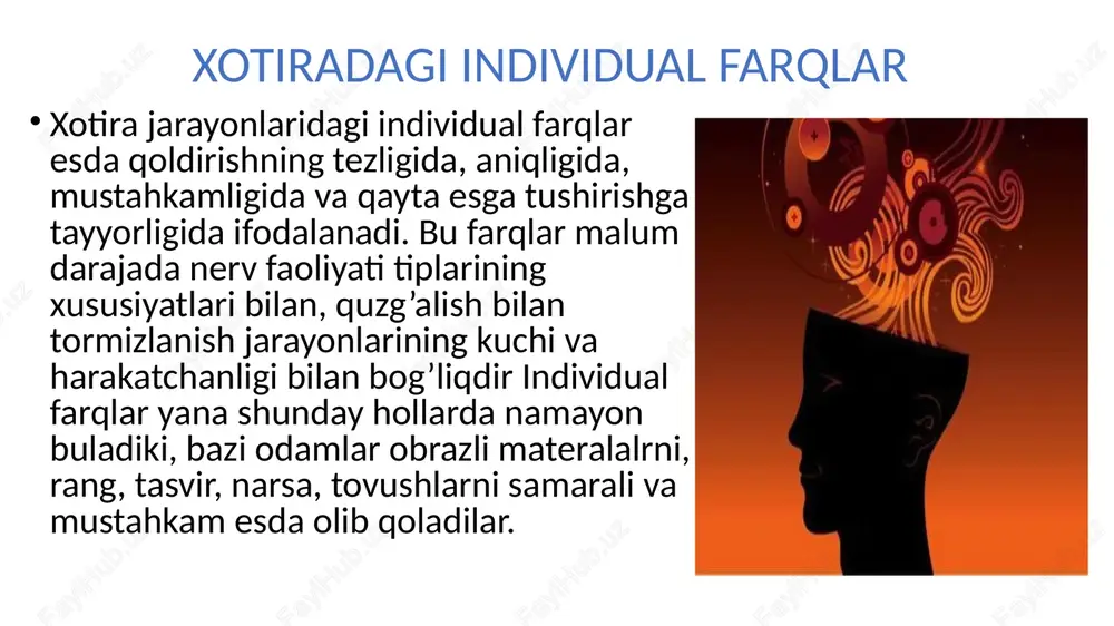 rib, tez unutish. mantiqiy xotira – xotira turlaridan, matiralni ma’no tomondan uzaro bog’langan holda tushinib esda qoldirishga asoslanadi. mexanik xotira – (yunon.mechane – qurol,ashina) – materalning ma’nosiga tushunmagan holda . operativ xotira ( lot. orertio- harakat ) – xotira turlaridan biri. bu malum faoliyatni bajarish jarayonida ifodalanadi , uzoq mudatli xotiradan vaqtincha foydalanadi. xotira – ask ettirilgan narsa va hodisalarni , tajribani esda qoldirish , esda saqlash va zarur bulganda esga tushurishdan eborat psixik jarayon. esga tushirish – xotira jarayonlaridan biri buning natijasida oldin esda olib qolingan bilimlarnifaolashtirish yuzaga kiladi. esda olib qolish - yangi qabul qilingan axborotlarni oldin eganalngan bilim va tajribalar bilan bog’langan hoda esda saqlashga qaratilgan psixik faoliyat. qisqa muddatli xotira – qisqa muddatga esda qoldirish taminlaydigan xotira turi. etiboringiz uchun raxmat image1.jpeg image2.jpeg image3.jpeg image4.jpeg image5.jpeg study and knowledge concept /docprops/thumbnail.jpeg