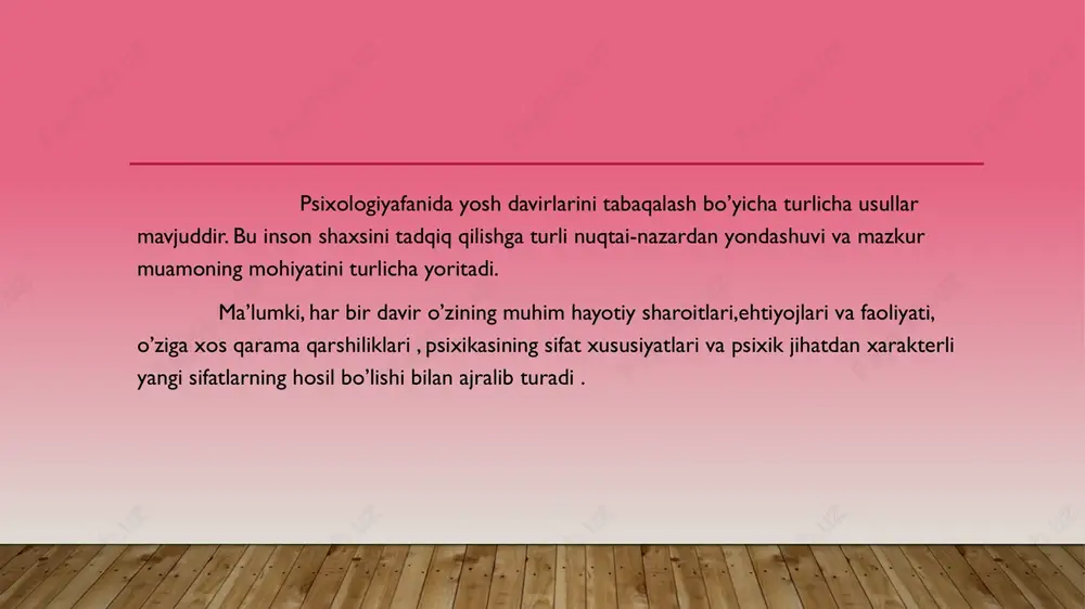 daklik davri inqirozi . 3.ilk bolalik davri-2 oylikdan 1 yoshgacha.bir yoshdagi inqiroz. 4.maktabgacha davr-1 yosdan 3 yoshgacha. 3 yoshdagi inqiroz. 5.maktab yoshi davri- 8 yoshdan 12 yoshgacha .13 yoshdagi inqiroz. 6.pubirtat davri-14 yoshdan 18 yoshgacha .17 yoshdagi inqiroz. l.s.vigotiskiy o’zining yos davirlarini tabaqalash nazariyasini ilmiy asoslab , ta’riflab bera olgan . olimning eng muhim psixik yangilaishlar haqidagi ilmiy va amaliy ahamiyatga molik mulohazalar bildirgan . biroq , bu mulohazalar ancha munozarali, bahisli o’rinlar ham mavjud. umuman l.s.vigotskiyning yosh davrlarini tabaqalash nazariyasi ilmiy-tarixiy ahamiyatga ega , uning rivojlanishni amalga oshiruvchi inqirozlar tug’risidagi mulohazali va olg”a surgan g’oyalari hozirgi kunning talablariga mosdir. d.b.elkonning nazariyasi d.b.elkonning tasnifi yetakchi faoliyat , har qaysi rivojlanish pallasida biror faoliyatning ustunlik qilishi mumkinligiga asoslangan . yetakchi faoliyatning inson shaxs sifatida kamol topishidagi roli, nazariyaning asosiy mohiyatini tashkil etadi . 1.go’daklik davri – 0-1.bevosita emotsional muloqot . 2.ilk bolalik davri 1-3 yosh.predmitli faoliyat . 3.kichik va o’rta maktabgacha …