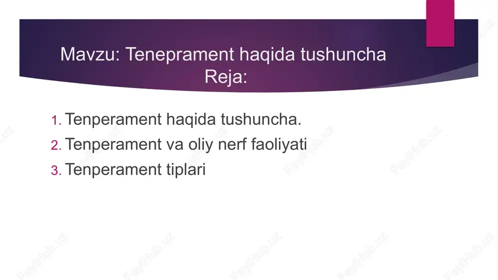 , kuchli, muvozanatli, epchil (sangvinik), kuchsiz (melanxolik), kuchli, muvozanatli, sust (flegmatik) kabi to’rtta umumiy tipini aniqladi. nerv sistemasining tiplari sengvinik kuchli muvozanatli harakatchan xolerik kuchli muvozanatli bexalovat fegmatik kuchli muvozanatli bexalovat melanxolig kuchsiz (sezgir zirak) tenperament tiplar sangvinik kishining temperamenti qanaqaligi haqidagi tasavvur odatda shu shaxs uchun xarakterli bo’lgan ayrim psixologik xususiyatlar asosida vujudga keladi. seezilarli psixik aktivlikka ega bo’lgan , atrofda bo’layotgan voqealarga o’z munosabatini bildiruvchi, tassurotlarni ha deb o’zgartirishga intiluvchi, muvaffaqiyatsizliklar va ko’ngilsizliklarni nisbatan yengil o’tgazib yuboruvchi, jonli, harakatchan, ifodali mimikasi va harakatlri bo’lgan kishi sangvinik deb ataladi. xolerik juda g’ayratli, ishga juda ehtiros bilan berilish qobiliyatiga ega bo’lgan, tez va shiddatli, qizg’in emosion “portlash” va kayfiyatning keskin o’zgarishlariga moyil , ildam harakatlar qiladiga kishi xolerik deb ataladi. melanxoliklar ta’sirchan, chuqur kechinmali, gap ko’tara olmaydigan, ammo atrofdagi voqealarga unchalik e’tibor bermaydigan, o’zini to’xtata oladigan harakatlar qiladigan va sekin ovoz chiqaradigan kishilar melanxoliklar deb ataladi flegmatik yuragi keng, barqaror …