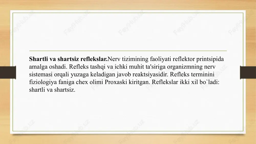 marta emsa, katta odam 3-4 maxal ovqatlanadi. refleks bosib o`tgan yo`lga reflektor yoyi deyiladi u quyidagilardan tashkil topgan: retseptor (nerv uchi), markazga intiluvchi nerv ya'ni afferent nerv; nerv markazi (orqa yoki bosh miya), markazdan qochuvchi, ya'ni efferent nerv va ish bajaruvchi organ yoki effektordan iborat. retseptorlar joylashishiga qarab tashqi-eksteroretseptorlar va ichki — interoretseptorlarga bo`linadi. ekstroretseptorlarga teri, ko`z, quloq, hid bilish, ta'm bilish organlarida joylashgan retseptorlar kiradi. ular tashqi ta'sirni qabul qiladi. interoretseptorlar esa ichki organlarda joylashgan, ular organizmning o`zida hosil bo`lgan ta'sirni qabul qiladi prodrioretseptorlar muskullar, paylar va bo`g`imlarda joylashgan retseptorlardir. shartli reflekslar hosil qilishda chamalash refleksining ahamiyati juda katta, bu refleksii i.p.pavlov "nima degan?" deb atagan. chamalash refleksi turlicha namoyon bo`ladi. tashqi muhitning bir oz o`zgarishi bosh, ko`z, quloq butun gavdani ta'sir berilgan ( tomonga qarab aylantiruvchi muskulllar harakatini paydo qiladi. chamalash refleksi murakkab reaktsiya hisoblanadi, u komponentlarni yagona bir tizimga birlashtiruvchi omildir. iz qoldiruvchi shartli reflekslar. iz qoldiruvchi …