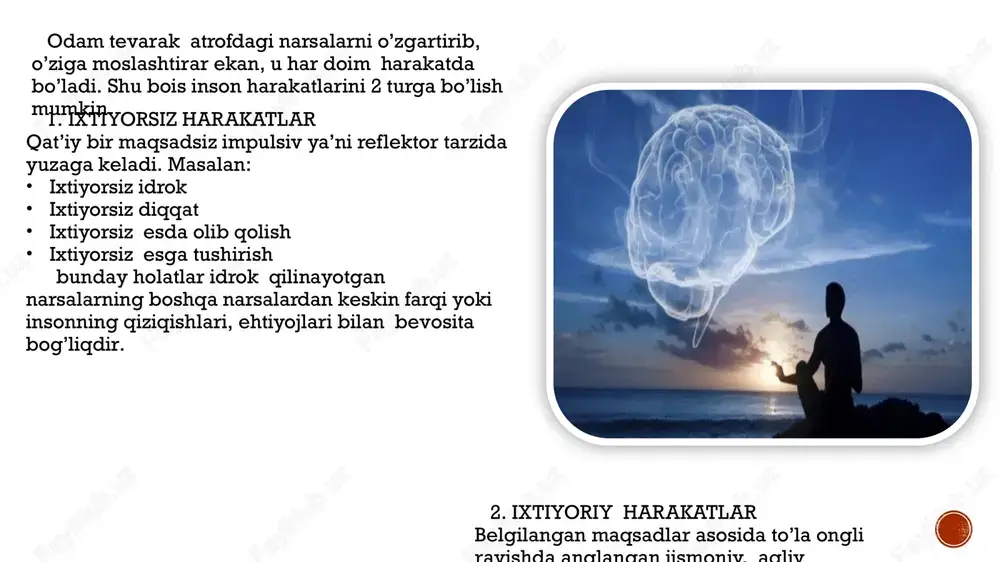 lov ikkinchi signallar tizimiga quyidagicha ta’rif berilgan: “ bu signallar tizimi insonlar xulq atvori va ixtiyoriy harakatlarining yuksak boshqaruvchisidir”. inson irodasiga nerv tizimining umumiy normal holati ham katta ta’sir ko’rsatdi. masalan: inson qattiq kasal bo’lgan holatda yoki juda qattiq charchagan paytlar undagi nerv tizimi zaiflashishiga olib keladi va bu inson irodasining bo‘shashishini keltirib chiqaradi irodaviy harakatlar bosqichlari maqsad va unga erishishga intilish maqsadga erishish imkoniyatlarini topsh motivlar kurashi va tanlash biror fikrni qabul qilish qabul qilingan qarorni amalga oshirish iroda bu insonning o’z o‘zini yengishihamdir. masalan: muvozanatsiz, hissiy qo‘zg‘aluvchan yoki sust bo’lgan insonlarning o’z xarakterlari bilan kurashishi yoki insonlarning o‘z ichlaridagi erinchoqlik , dangasalik kabi yomon illatlarini yengishi kishi ichki to'siqlarini yenga olishi, o‘zini boshqarish va o‘z ustidan hukmronlik qilish qobiliyati ichki iroda deyiladi. kishining o’z maqsadlariga erishishi yo’lida tashqi to‘siqlar , tashqi qiyinchiliklarni yenga olish qobiliyati tashqi iroda deyiladi. iroda ma’lum kuch bilan yuzaga chiqadi: bu bazi hollarda kuchli …
