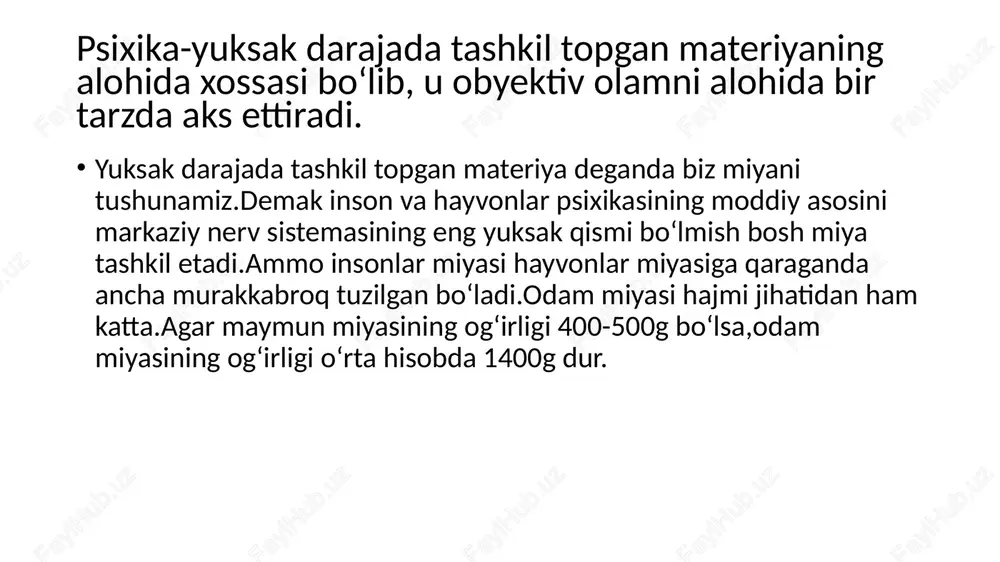 sifatida rol oʻynaydi. bosh miya markaziy nerv tizimining old qismi boʻlib, u bosh miya qobigʻida joylashgan oliy nerv tizimining moddiy asosi. bosh miya katta yarim sharlari-bosh miyaning ikki pallasi.uning ustki qismi uncha chuqur boʻlmagan oʻnqir choʻnqirlardan iborat.bosh miya katta yarim shari orqa,old,yon,orolcha,orqa umurtqalarga boʻlinadi.miya nerv kataklari neyronlardan iborat boʻlib, ikki katta yarim sharlar poʻstlogʻini tashkil etadi.miyadagi oq suyuqlik neyron oʻsimtalardan tarkib topib,miya yoʻllarini koʻrsatib turadi. image1.jpeg image2.jpeg image3.jpeg image4.jpeg image5.jpeg /docprops/thumbnail.jpeg