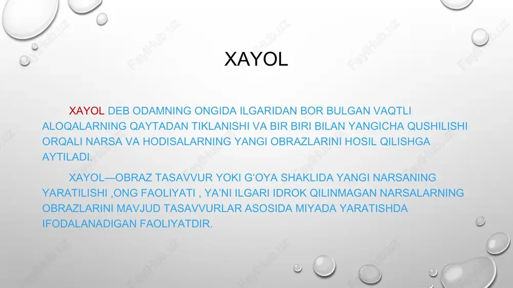 dga kelgan xayol odamning uz faoliyati davomida nimaga intilayotgani, nimani istayotgani bilan bogʻliq boʻladi. xayol jarayonining xususiyatlaridan biri shundan iboratki, xayol odamning ehtiyojlari, qiziqishlari va oʻz oldiga qoʻygan maqsadlariga bilan bogʻliq boʻladi. lekin shuni aytib oʻtish kerakki odamning ehtiyojlari va qiziqishlari hamma vaqt ham istagan narsalarga erisha bermaydi. koʻproq odamning xayolida hamma vaqt qurqinchli narsalar gavdalana boradi. e’tiboringiz uchun rahmat! . image2.png image3.png image4.jpeg image5.jpeg image6.jpeg image7.jpeg image1.png /docprops/thumbnail.jpeg