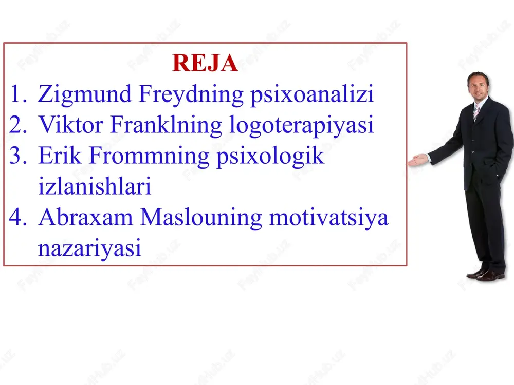 tabiiy instinktlari ong ostida qo'nim topadi. ongsizlik tug'ma xususiyat bo'lib, insonning barcha xatti-harakatlarini belgilab beradi. freyd bo'yicha ruhiyat modeli qanday? z.freyd o'z kuzatuvlariga asoslanib, inson ruhiyatining yangi bir modelini yaratdi. unga asosan, bir-biriga uzviy bog'liq bo'lgan 3 ta psixologik tuzilma mavjud. bular id, ego va super-ego. «id» – bu instinktlar. u ongdan xolis. «ego» – bu men. uning ongi bor. «super-ego», ya'ni super-men – bu odamni o'rab turgan muhit, jamiyat. super-men odamning xulq-atvorini «tepadan» nazorat qilib turadi. psixoanalitik qanday davolaydi? psixoanalitiklar nevrozlarni psixoterapevtik yo'l bilan davolashda “id”, “men” va “super-men” orasidagi ziddiyatlarni kamaytirishga yoki to'xtatishga harakat qilishadi. oddiyroq qilib tushuntiradigan bo'lsak, psixoanalitik va mijoz bir xonada yolg'iz qolishi kerak. mijoz o'zini erkin qo'yib ko'zlarini yarim yumgan holda kresloga suyanib yotadi. psixoanalitik undan xayoliga kelgan barcha fikrlarini va unga azob berayotgan voqea va hodisalarni oqizmay-tomizmay so'zlab beradi. bu yerda birorta ham sir qolmasligi va bemor uyalmasligi kerak. ma'noli so'zlarmi, ma'nosizmi, bemor …