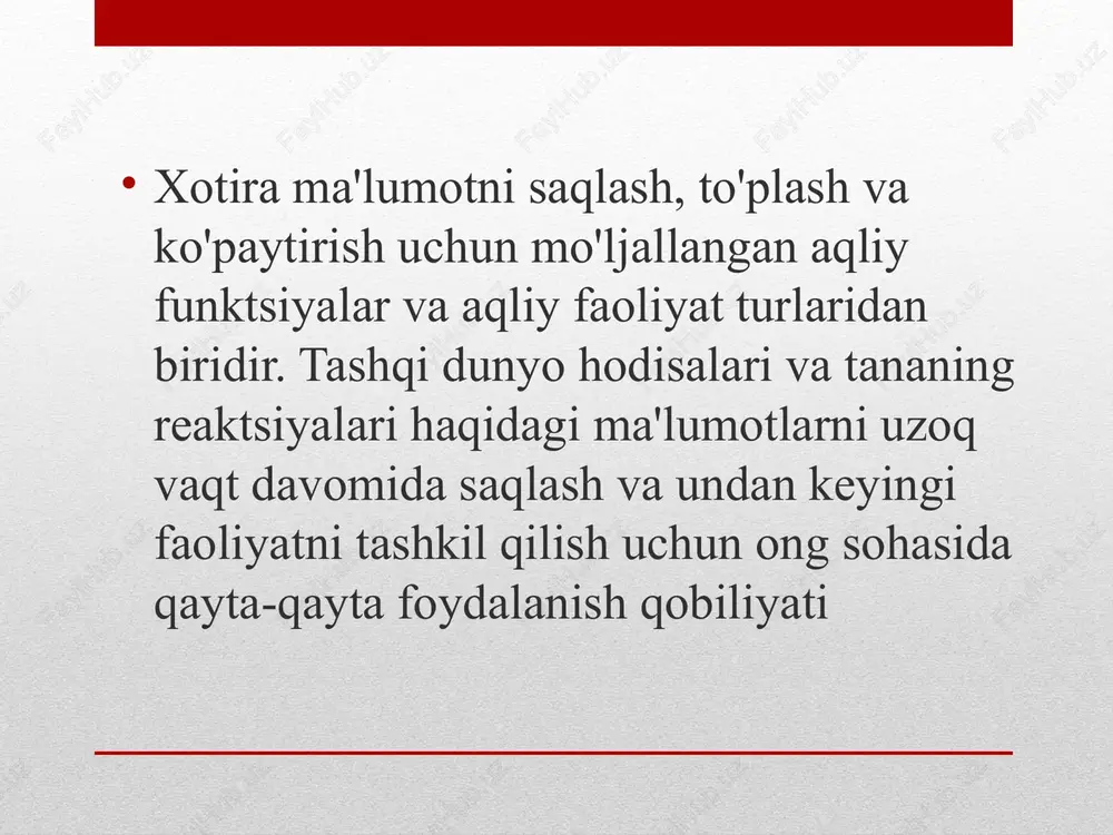 xotira turlari qisqa muddatli uzoq muddatli operativ o'rta yodlashni tashkil etish mezoniga ko'ra xotira turlari epizodli semantik protsedurali xotiraning asosiy turlari qisqa muddatli xotira qisqa muddatli xotira bir necha soniyadan bir necha daqiqagacha bo'lgan vaqt oralig'idan keyin takrorlanmasdan biror narsani eslab qolish imkonini beradi. takrorlash qisqa muddatli xotiraning mazmunini saqlaydi. uning imkoniyatlari juda cheklangan. qisqa muddatli xotira hajmining zamonaviy baholari odatda 4-5 ob'ektni tashkil qiladi. qisqa muddatli xotira asosan axborotni saqlash uchun akustik (og'zaki) kodga va kamroq darajada vizual kodga tayanadi, degan farazlar mavjud. dolgovremennaya pamyat dolgovremennaya pamyat mojet xranit gorazdo bolshee kolichestvo informatsii potentsialno beskonechnoe vremya (na protyajenii vsey jizni). naprimer, nekotoriy 7-znachniy telefonniy nomer mojet bit zapomnen v kratkovremennoy pamyati i zabit cherez neskolko sekund. s drugoy storoni, chelovek mojet pomnit za schet povtoreniya telefonniy nomer dolgie godi. dolgovremennaya pamyat podderjivaetsya bolee stabilnimi i neizmennimi izmeneniyami v neyronnix svyazyax, shiroko raspredelennix po vsemu mozgu. shunday ekan, keling, xotiramizni …