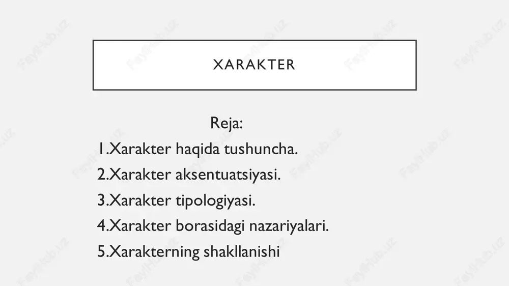 k, ozini katta olish, kamtarlik kabilar). • jamoa va ayrim odamlarga bolgan munosabatlarini ifodalovchi xususiyatlar (yaxshilik, mehribonlik, talabchanlik va shu kabilar).mehnatga bolgan munosabatni ifodalovchi xususiyatlar: (mehnatsevarlik, yalqovlik, vijdonlilik, mehnatga ma'suliyat yoki ma'suliyatsizlik bilan munosabatda bolishi kabilar). • xarakter aktsentuatsiyasi - biror xususiyatning boshqalari zarariga kuchli rivojlanishi va atrofdagilar bilan munosabatlarning yomonlashuviga olib kelishidir. xarakter aksentuatsiyasi turli darajada yengil va hatto psixopatiya darajasigacha bolishi mumkin. osmirlar orasida xarakter aksentuatsiyasi kop (50- 80%) uchraydi. k.leongard tomonidan xarakter aksentuatsiyasi muammosi organilib uni shaxsda namoyon bolishiga qarab quyidagilar tasniflanadi:gipertim tip - haddan tashkari aloqaga kirishuvchan, kop gapiradi, imo-ishora, mimikaga boy, suhbat mavzusini burib yuborishga moyil, kopincha xizmatga doir va ommaviy majburiyatlarni unutib qoyganligi sababli ziddiyatlar kelib chiqadi. xarakterning u yoki bu xususiyati miqdoriy ifodaliligi oxirgi marraga yetib va normaning eng oxirgi chegarasiga borib qolganda xarakterning aksentuatsiyasi (ortiqcha urgu berilishi) deb ataladi . xarakter aksentuatsiyasi d is t im t ip - k a mg …