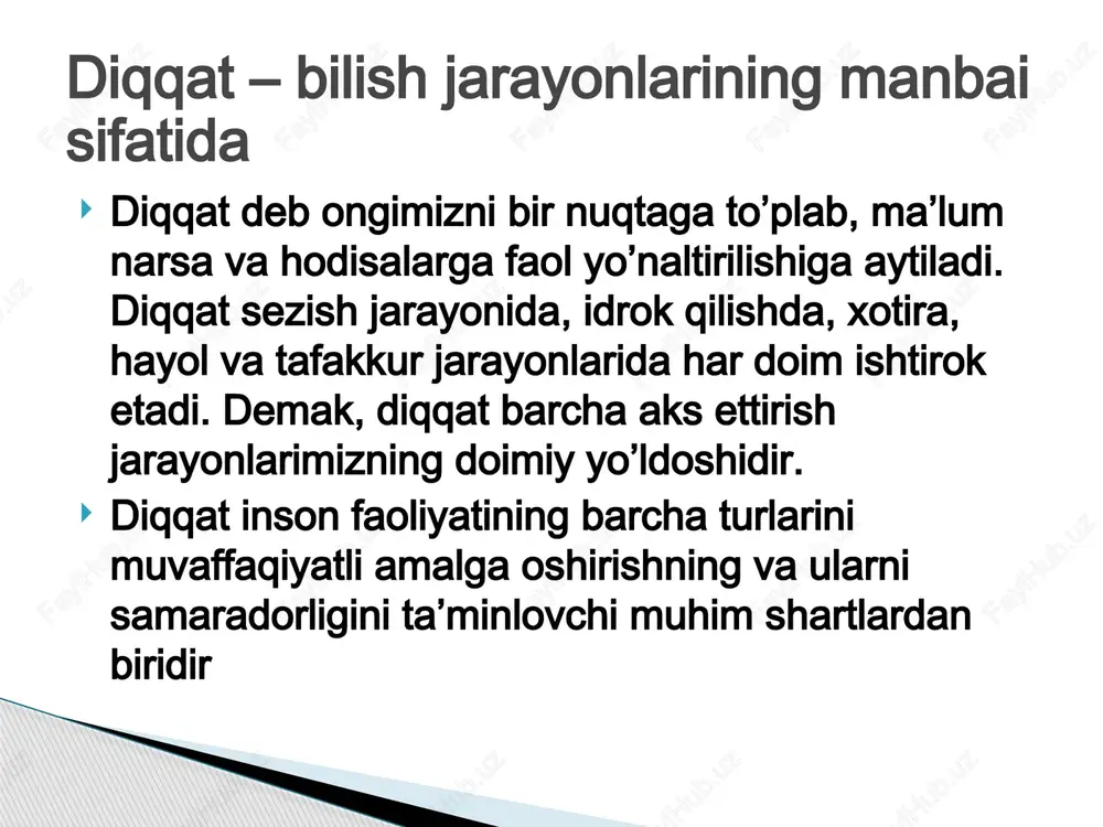 lgan qo’zg’olishlarga nisbatan, oriyentirovka yoki tekshirish refleksini hosil qilgan narsaning ta’siridan yuz bergan qo’zg’olish kuchli bo’ladi. diqqat – bilish jarayonlarining manbai sifatida . bu esa sub’yekt ahamiyatli bo’lgan qo’zg’atuvchilarni ajratishni, ya’ni psixik faoliyatning yo’naltirilishini ta’minlaydi. bunday yo’naltirilishning sodda misoli sifatida oriyentatsiya refleksini ko’rsatish mumkin. xar qanday yangidan yuzaga kelgan qo’zg’atuvchi, agar u yetarli darajada intensiv(kuchlanishga ega) bo’lsa, tegishli qo’zg’alish jarayonini yuzaga keltiradi, bu refleks, i.p.pavlov aytganidek «nima u» degan refleks bilan ifodalanadi, bu esa sodda turdagi diqqatning fiziologik asosidir. diqqat – bilish jarayonlarining manbai sifatida . i.p.pavlov ta’limoti bilan akademik a.a.uxtomskiy olib borgan tekshirishlari bir–biriga to’g’ri keladi. agar nerv sistemasiga bir qancha qo’zg’ovchilar bir vaqtda ta’sir qilsa bosh miya po’stida shu ongning o’zida bir necha qo’zg’alish o’choqlari paydo bo’ladi. shu bilan birga, xar bir qo’zg’alish o’chog’i bosh miya po’stining hamma yog’iga tarqalishga iradiatsiyalanishga moyildir diqqat – bilish jarayonlarining manbai sifatida . . shuning uchun ayrim qo’zg’alish o’choqlari o’rtasida to’qnashish va …