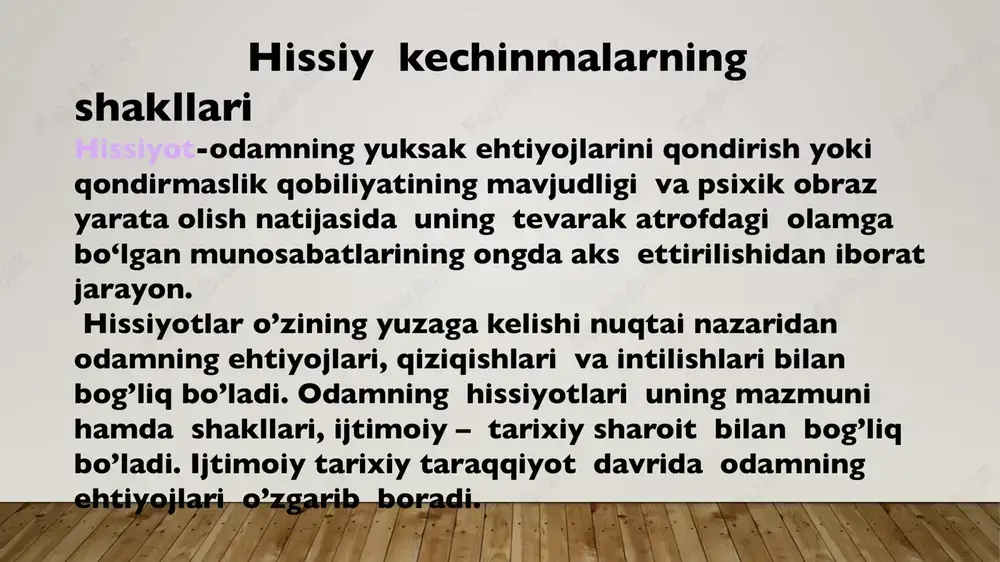 uchli qo’zg’ovchilar ta’sirida yuzaga keladigan ruhiy holat hisblanadi. stress ko’rinishiga qarab; 1.konstruktiv 2.destruktiv kayfiyat--shaxsning faoliyati, xulqi, muomalasi va ruhiy jarayonlariga ma‘lum vaqt davomida ta‘sir qilib turuvchi hissiy holat. insonning hayoti va faoliyati davomida shodonlik, hazilkashlik, zerikish, qayg‘urish kabi his tuyg‘ular uning ruhiy holati tizimiga aylanadi. odamning xursand yoki xafa, g’amgin kayfiyati hech vaqt sababsiz paydo bo’lmaydi.kayfiyatning xush yoki noxush bo’lishi, avvalo insonning sog’lig’iga bog’liq hisoblanadi. hissiyot haqida nazariyalar i.f.gerbart(1824-1825). hissiyotlarning organic ko’rinishlari ruhiy hodisalarning oqibati ekanligi ta’kidladi. gerbartning fikriga ko’ra, his-tuyg’u vakillik o’rtasida o’rnatiladigan aloqadir. tuyg’u- bu vakillar o’rtasidagi nomuvofiqlik natijasi yuzaga keladigan ruhiy kasallik. bu affektiv holat beixtiyor avtonom o’zgarishlarni keltirib chiqaradi. f.dyufur(1883).shunday yozgan:”bizning ehtiroslarga tabiiy moyilligimiz manbai ruhda emas,balki vegetative nerv sistemasining hayajon haqida miyaga xabar berish qobiliyati bilan bog’liqligini yetarlicha isbotlamadimmi? agar qon aylanishi, ovqat hazm qilish, sekretsiya funksiyalari o’zboshimchalik bilan tartibga solishning iloji bo’lmasa, bu holda,ta’sir ostida paydo bo’lgan ushbu funksiyalarning buzilishini o’z xohishimiz bilan tushuntirish …