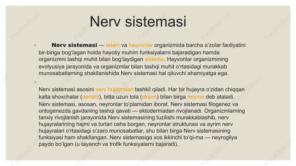 iga aylantiradi, bu energiya nerv impulslari shaklida nerv tolalaridan oʻtadi. nerv sistemasi murakkablashgan sayin va unda maxsus retseptor (sezuvchi) hujayralar ixtisoslashgan sayin nerv sistemasi funksiyalari tobora turli-tuman boʻlib qolgan. nerv sistemasi refleks yoʻli bilan ishlaydi. organizmda tashki va ichki muxit taʼsirotlarini sezadigan retseptorlar bor. normal sharoitda organizmga tashqi muhit turli-tuman va doimiy taʼsir kursatishi tufayli retseptorlarda impuls lar vujudga keladi, bular afferent nerv tolalari orqali markaziy nerv sistemasiga oʻtadi; oʻzgartirilgan impulslar esa markaziy nerv sistemasidan efferent nerv tolalari orkali ishchi aʼzolar (muskullar, bezlar va h.k.)ga kelib, ularni ishga soladi yoki ishlash tezligini oʻzgarti-radi. nerv sistemasining faoliyati qoʻzgʻalish va tormozlanish jarayonlariga asoslangan butun organizm kabi nerv sistemasida ham moddalar almashinib turadi. bu biokimyoviy jarayon natijasida energiya hosil boʻladi. nerv tolalari ishlaganda energiyani juda kam sarf qiladi, nervlarning amalda charchamay, barqaror ishlashiga sabab shu. nerv hujayralarining tanalarida energiya nisbatan kuproq sarflanadi va moddalar tezroq almashinadi. shuning uchun oziq moddalar va kislorod kamchiligi …