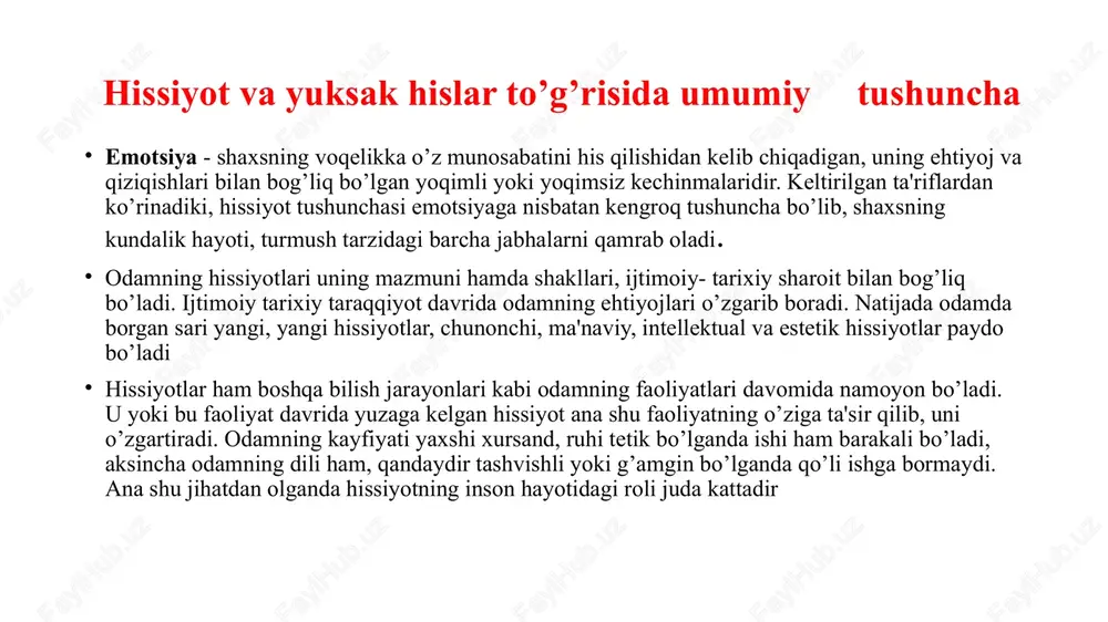 mumkin. aynan mazkur jarayon psixologiyada ambivalentlik yoki ikki taraflamalik deb ataladi ambivalentlik - lotincha har tomonlama kuchga ega ma'nosini anglatib kishining bir ob'ektning o’ziga nisbatan bir vaqtning o’zida paydo bo’ladigan bir-biriga qarama - qarshi emosional irodaviy holatdir. hissiyotda ambivalentlik bu rohatlanish va azoblanishni birga qo’shilib va biri ikkinchisiga o’tib ketmaydigan emas, balki bunda birga bo’lish kechiriladigan hissiyotning zarur xarakterli sifatlaridan birini tashkil qiladi. masalan, rashk hissida muhabbat va nafrat. odam his-tuyg’ulari bilan hayvon hissiyotlari o’rtasida juda katta farq bo’ladi. odamda juda ko’p miqdorda his-tuyg’ular borki, bunday hissiyotlar hayvonlarda uchramaydi. shuning uchun ham odam ham xayvon uchun umumiy bo’lgan g’azablanish, qo’rqish, jinsiy hissiyot, qiziquvchanlik, xursandchilik, g’amginlik emotsiyalari hayvonlarda sifat jihatidan farq qiladi. shu o’rinda s.shexterning emosional faktorlarning paydo bo’lishi kognitiv-fiziologik konsepsiyasini keltirib o’tish joiz. emotsiya va his tuyg’ularning bir-biridan farqi emosiyalar - tez va qisqa bo’lib o’tadigan tuyg’ular hislar - emosiyalarga qaraganda uzoq va barqaror emosiyalar – yuqorida hislar – esa …